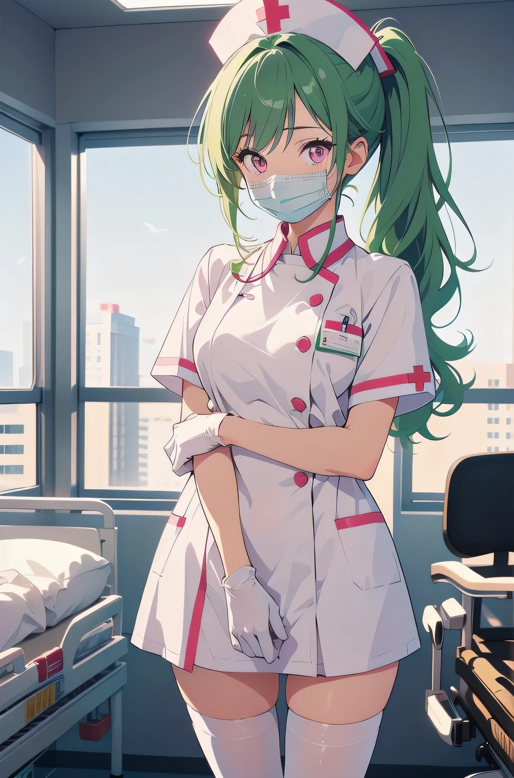 1 girl, alone, nurse, nurse cap, white clothes, ((white legwear, zettai ryouiki)), white gloves, ponytail, green hair, pink eyes, ((white surgical mask, covered nose)), Are standing, ((hospital room)), sharp outline, short sleeve, highest quality, masterpiece