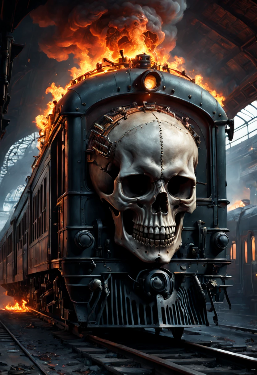 Train Station, aesthetic, HUMAN SKULL FLAMES TRAIN!!!! epic long hyperdetailed SKULL train on fire!!! EXPLOSION, HIGH FLAMeS, WRECK, hyperdetailed photorealistic matte painting 8k resolution concept art, intricate, ornate, by Mathias Kollros, Darek Zabrocki, Jean-Baptiste Monge, Ismail Inceoglu, Wadim Kashin, steampunk demonpunk, Epic cinematic brilliant stunning intricate meticulously detailed dramatic atmospheric maximalist digital matte painting, sinister by Greg Rutkowski trending on Artstation Unreal Engine 5