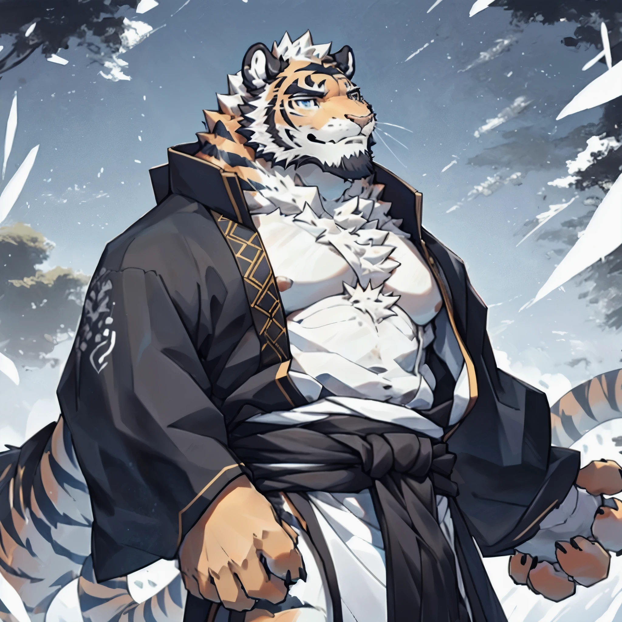 Strong and slim body,With a pair of clear blue tiger eyes,sharp facial lines,Kind-hearted;The body is covered with soft hair with yellow and black stripes.,The sideburns on the cheeks and the whiskers on the chin have turned white.,There is a pair of short and pointed tiger ears on the top of the head.,The inner sides of the ears are covered with pure white short hair.,There are several slender, soft and gray tiger whiskers on both sides of the cheeks.,There is a slender tiger tail behind him。Wear loose and lightweight Taoist robes on weekdays,Even though he is old, he is still energetic,Gives people a feeling of immortality。