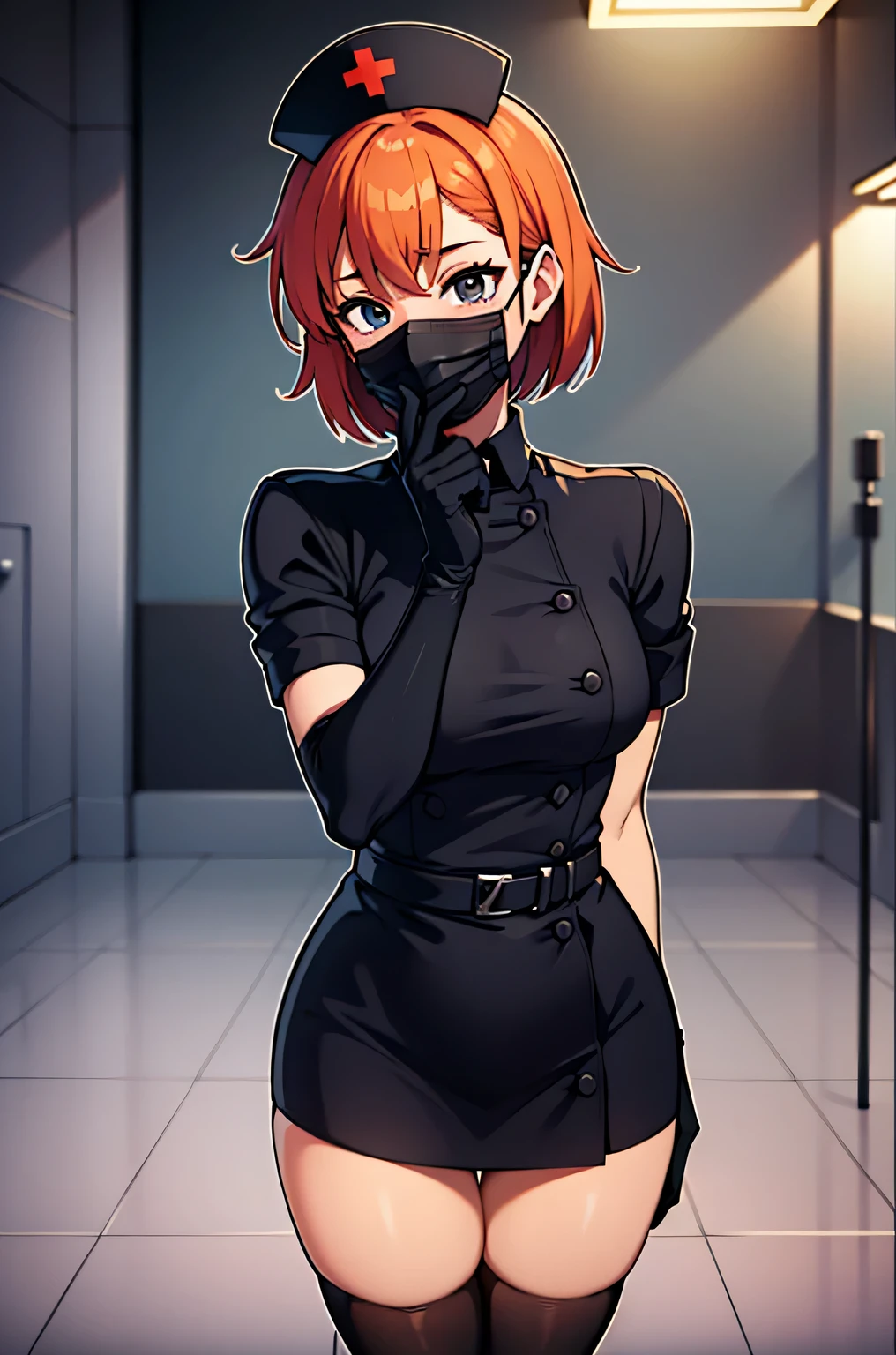 black nurse, 1 girl, alone, black nurse cap, Blackware, ((black legwear, zettai ryouiki)), black elbow gloves, very short hair, orange hair, ((black surgical mask, covered nose)), Are standing, ((operating room)), sharp outline, short sleeve, Tomboy, boyish, highest quality, masterpiece