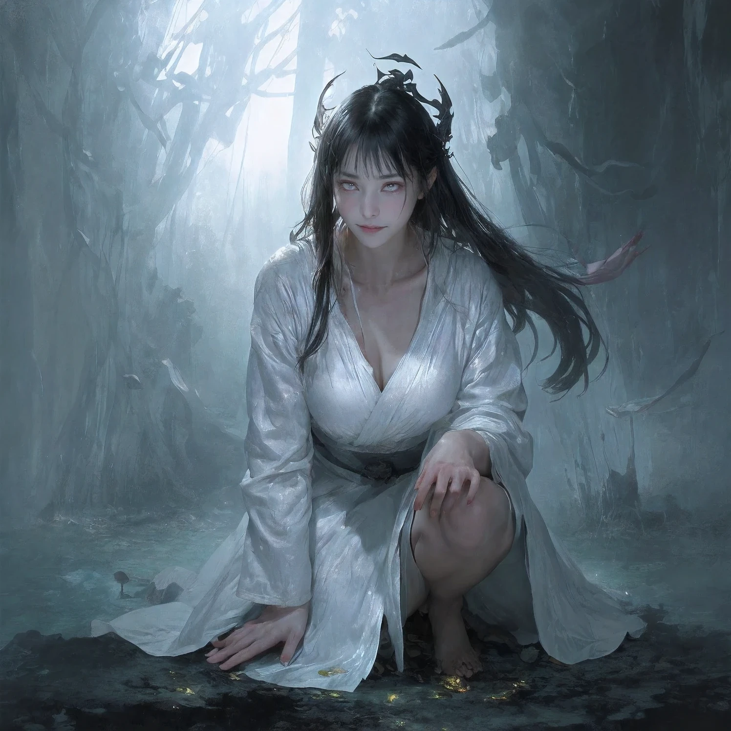 horror movie, yamamura sadako, ghost crawling out of static lighting CRT television like through a portal,  (crawling pose),large bedroom, sofa, furniture, both hands on the floor, bending over in crawling pose with two hands press on the floor , Evoking the dread of "Ju-on" and "The Ring,"super long black hair,A face marred by decay, festooned with wounds, and eyes bearing the scars of burns,wearing white robe, ,,bending over from the tv screen frame, ugly, hatred expression,,creepy look, ((An old water well and forests shown in the lighting tv screen frame)). an eerie glow emanates from the television screen, casting sinister silhouettes across the walls. begins her haunting emergence. Half-emerged, her spectral fingers grip the ground, blurring the lines between the digital and the physical, 
