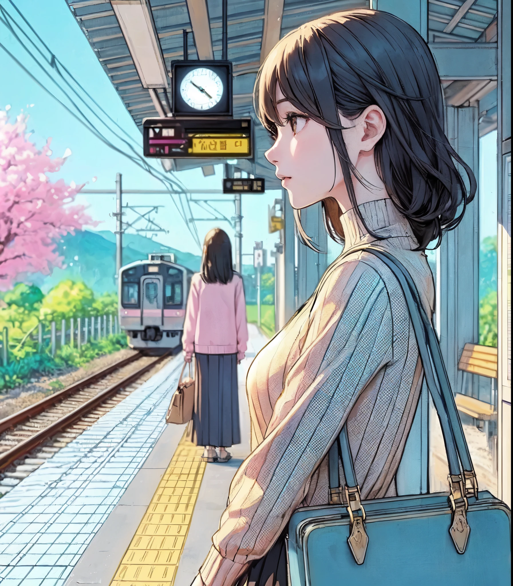 1lady solo, (from side) (side profile), standing, (stylish calm outfit) spring-like, mature female, /(beige hair/) bangs, blush (facing away), (masterpiece best quality:1.2) delicate illustration ultra-detailed, medium breasts BREAK (train station platform:1.2) (very small station), roof, noon, (cherry blossom:0.8), blue sky, detailed background