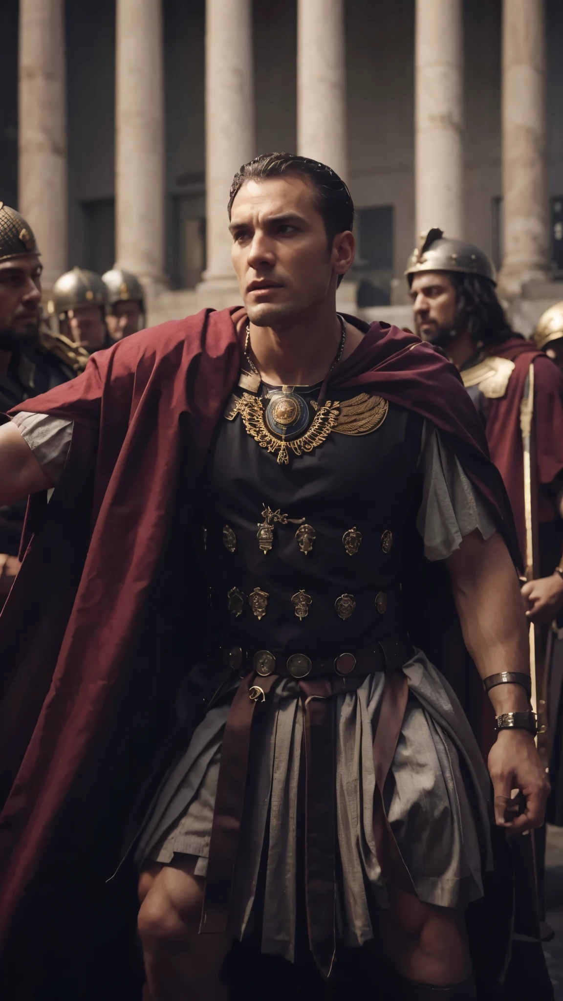 a group of men standing next to each other in front of a building, caesar, highly detailed vfx, purple greek robe, inspired by Domirinic Fegallia, portrait of jerma985, menacingly, sergeant, face shown, still from a movie, john jude palencar, t - pose