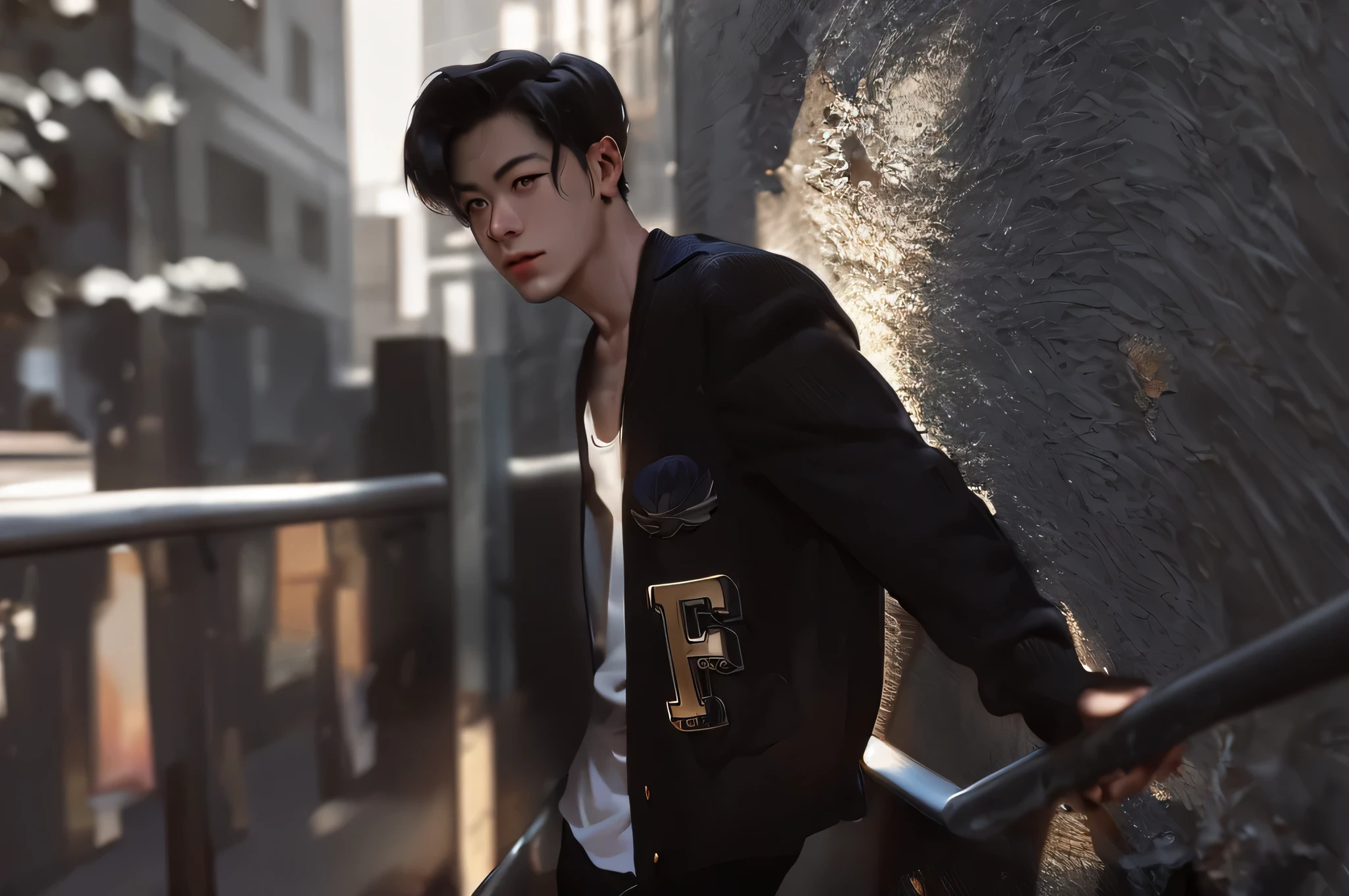 arafed man in a black jacket leaning on a railing, male ulzzang, style of kentaro miura!!!!, jung jaehyun, kentaro, profile shot, hyung tae, by Tadashi Nakayama, kim doyoung, kentaro miura style, inspired by Ueda Fumito, wearing a bomber jacket,((masterpiece))，((quality))，((Best quality))，((official art))