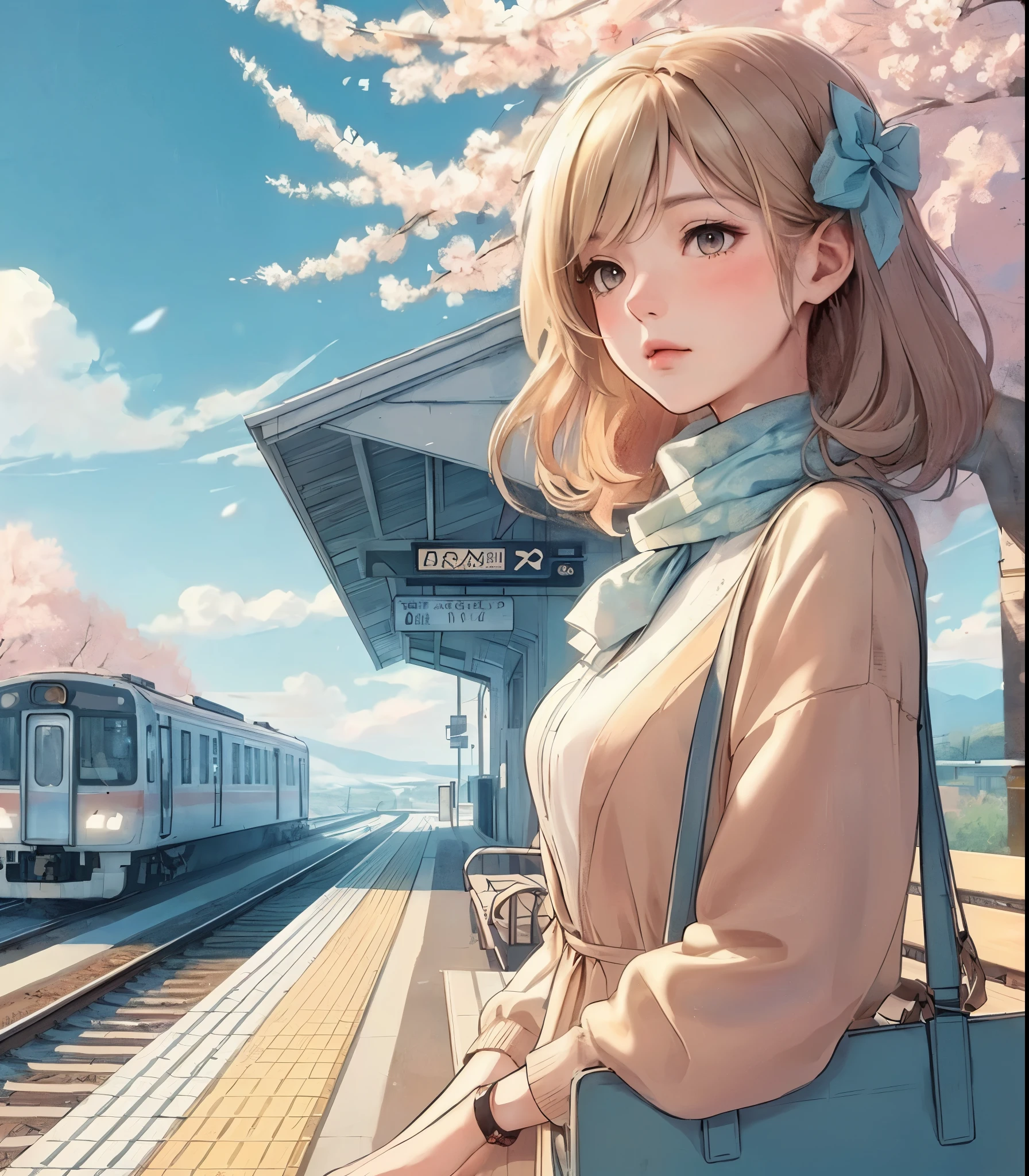 1lady solo, (from side) (side profile), standing, (stylish calm outfit) spring-like, mature female, /(beige hair/) bangs, blush (facing away), (masterpiece best quality:1.2) delicate illustration ultra-detailed, medium breasts BREAK (train station platform:1.2) (very small station), roof, noon, (cherry blossom:0.8), blue sky, detailed background
