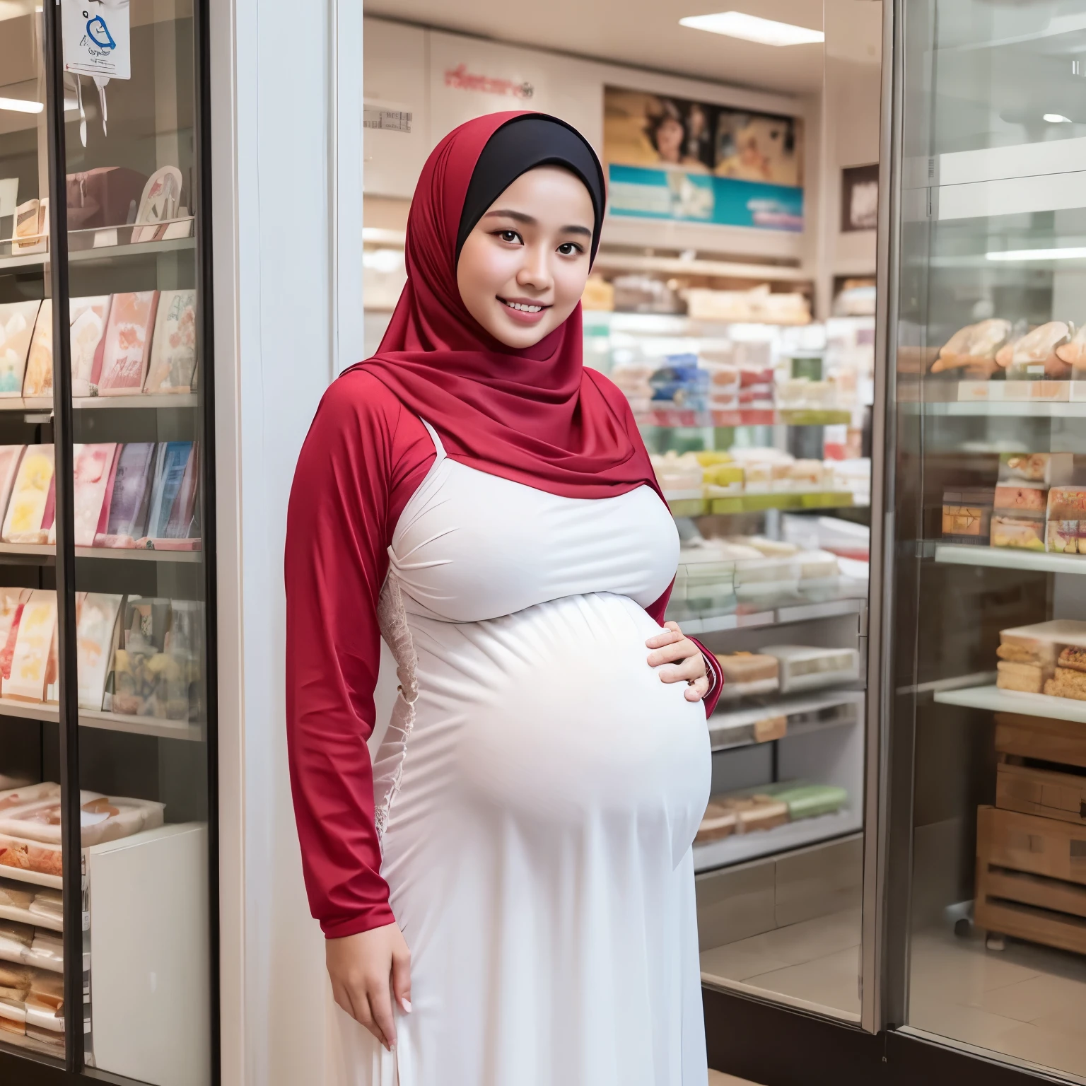 18-Years-Old,Female Store owner, Hijab Beautiful Indonesian Teen Woman, Wearing Tight Gamis, white Skin Like Porcelain, Realistic Ultra Gigantic Breast : 21.9,realistic wrinkels body, realistic Curvy body, PP cup Breast, (huge pregnant),Seducting Look, Lustful smiling, standing in front Of her Store's