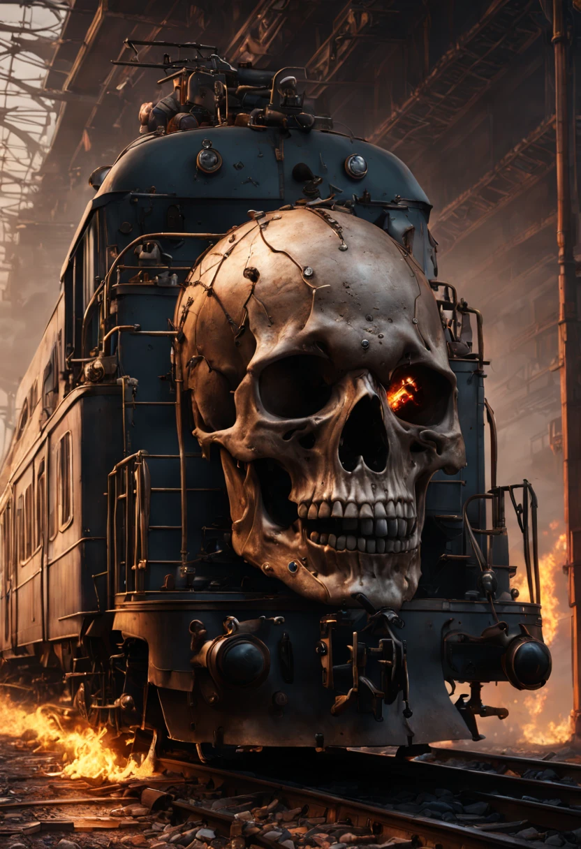 Train Station, aesthetic, HUMAN SKULL FLAMES TRAIN!!!! epic long hyperdetailed SKULL train on fire!!! EXPLOSION, HIGH FLAMeS, WRECK, hyperdetailed photorealistic matte painting 8k resolution concept art, intricate, ornate, by Mathias Kollros, Darek Zabrocki, Jean-Baptiste Monge, Ismail Inceoglu, Wadim Kashin, steampunk demonpunk, Epic cinematic brilliant stunning intricate meticulously detailed dramatic atmospheric maximalist digital matte painting, sinister by Greg Rutkowski trending on Artstation Unreal Engine 5