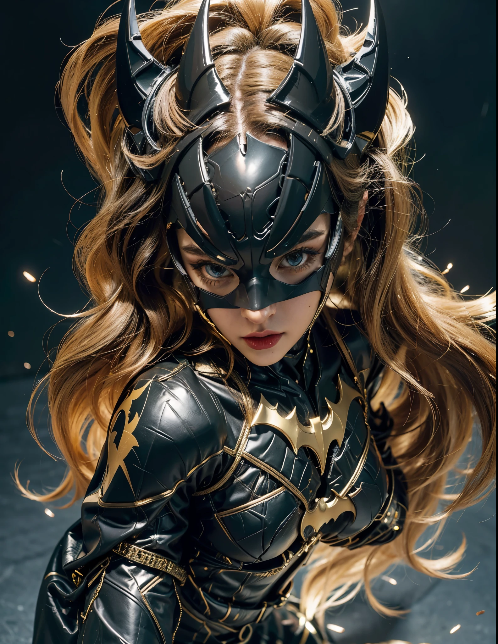 Batman Girl wearing a Catwoman costume, golden hair, Black Gold Leather Dress, Highly detailed, There are complicated details.., Portrait of a beautiful girl, Very high detail, Realistic photos, 8k, UHD, very detailed, (dynamic poses:1.4)