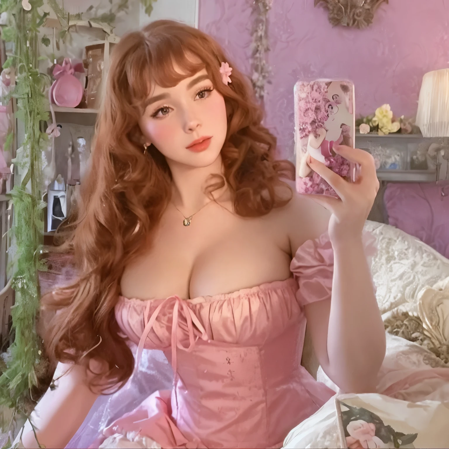 araffe woman in a pink dress taking a selfie with her cell phone, belle delphine, dressed in a pink dress, fairycore, young beautiful amouranth, cottagecore!! fitness body, gigantic tight pink ringlets, ultrarealistic sweet bunny girl, wearing corset, dreamy aesthetic, a stunning young ethereal figure, with curly red hair
