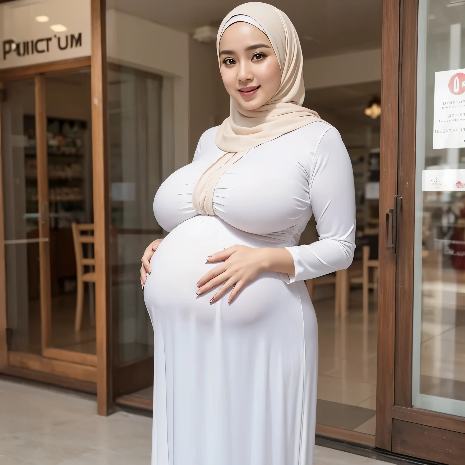 28-Years-Old,Female Store owner, Hijab Beautiful Indonesian Mature Woman, Wearing Tight Gamis, white Skin Like Porcelain, Realistic Ultra Gigantic Breast : 21.9,realistic wrinkels body, realistic Curvy body, PP cup Breast, (huge pregnant),Seducting Look, Lustful smiling, standing in front Of her Store's