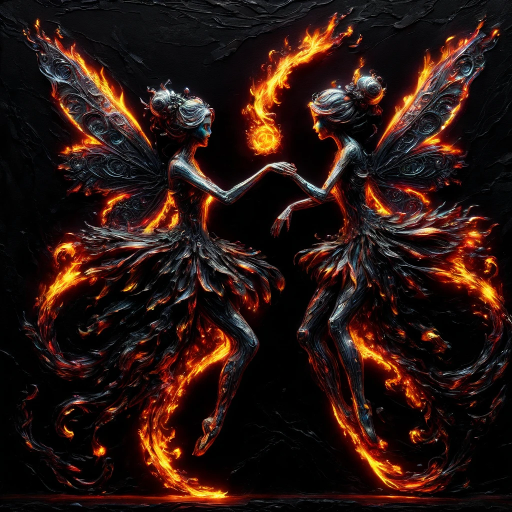 High Resolution, High Quality, Masterpiece. Fairies dancing, holding hands created using fire sparkle art technique, against an all-black background, neon ambiance, abstract black oil texture, gear mecha elements, acrylic detail, grunge aesthetics, intricate complexity, rendered in Unreal Engine, photorealistic., detailed acrylic textures.intricate detailing enhancing hyperrealistic forms,