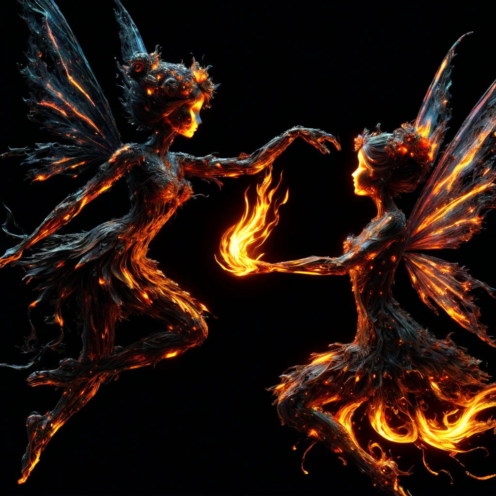 High Resolution, High Quality, Masterpiece. Fairies dancing, holding hands created using fire sparkle art technique, against an all-black background, neon ambiance, abstract black oil texture, gear mecha elements, acrylic detail, grunge aesthetics, intricate complexity, rendered in Unreal Engine, photorealistic., detailed acrylic textures.intricate detailing enhancing hyperrealistic forms, 