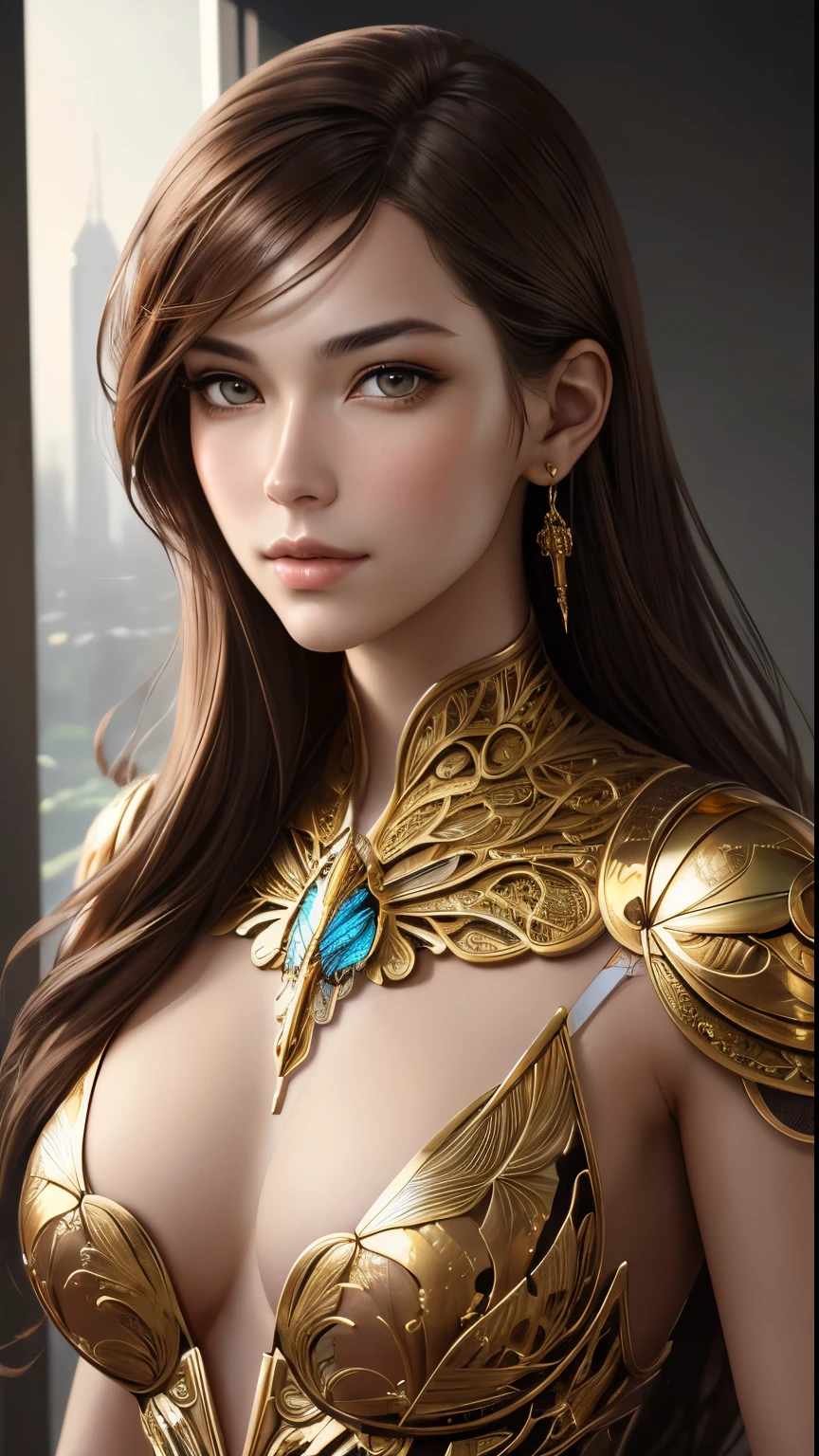 8k portrait of beautiful cyborg with brown hair, intricate, elegant, highly detailed, majestic, digital photography, art by artgerm and ruan jia and greg rutkowski surreal painting gold erfly filigree, broken glasasterpiece, sidelighting, finely detailed beautiful eyes: 1.2), hdr,