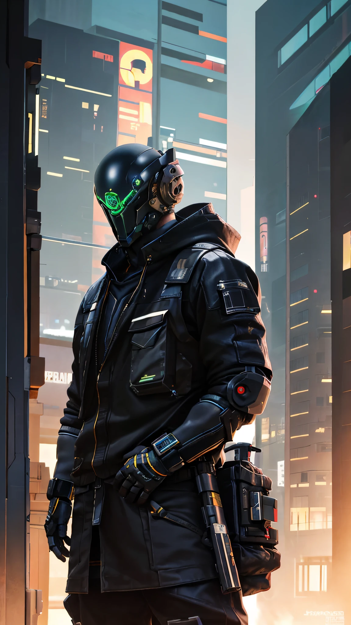 masterpiece, realistic dslr photo de vaquero mecha, con un traje negro y verde con una mochila, Cyberpunk asymetric Streetwear, Traje oversized cyberpunk, cyberpunk street goon, Uso cyberpunk, Techwear cyberpunk, Estilo cyberpunk silenciado, Lleva ropa de calle futurista estilo  cyberpunk, Soldado cyberpunk del futuro, mercenario futurista, ambiente callejero, peligroso, ghetto, Estilo cyberpunk hiperrealista, japones, ronin,  Toda la ropa negra holgada, capucha del hoodie sobre el cibercasco,  crow in cyber armour, brazos mecanicos, brazos roboticos, cyborg, cibercasco HUD, tecnologia avanzada, alta tecnologia. futurista, imponente, agresivo, ropa desgastada, intimidante, musculoso, octane render, 4k, maya, substance, iluminacion cinematica, sci-fi scene, mejor calidad, hdr, autofocus, toma nitida, luz del atardecer, misterioso mercenario cyborg del futuro cyberpunk, dramatico, intrincado, no hay humanos, robotic, cyborg, mercenario, cibercasco, chupas!, 4k hands,