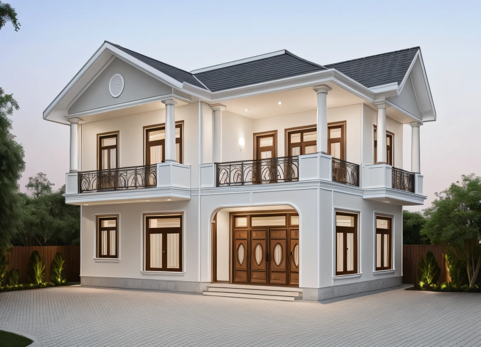 RAW photo, Masterpiece, high quality, best quality, realistic, super detailed, exterior, villa, grey tile roof, opaque white walls, HD, sunshine, fullframe with 24f1.4 lens