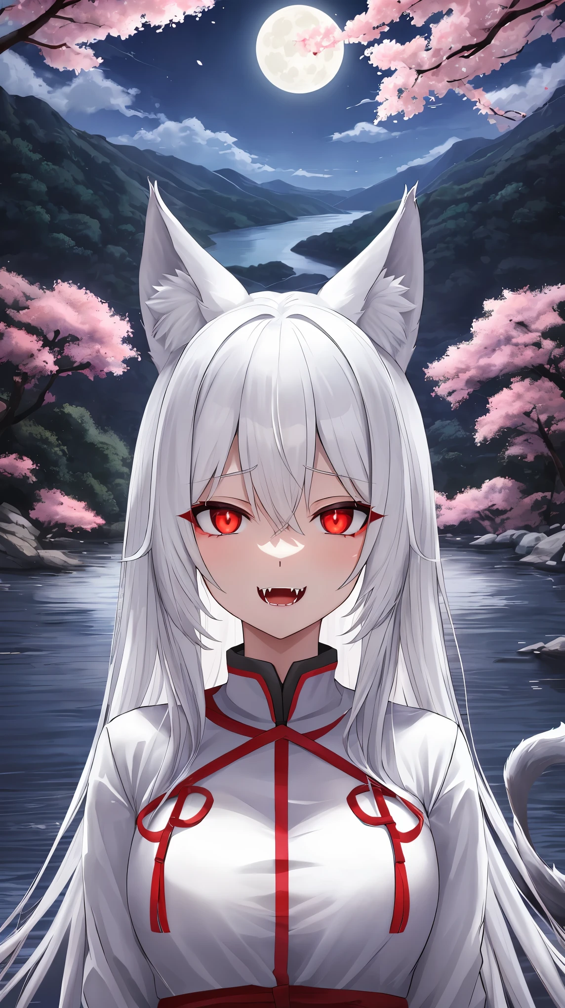 (masterpiece), best quality, expressive eyes, perfect face, details, solo, wolf girl, wolf ears, wolf tail, long hair, white hair, red eyes, glowing eyes, sharp fangs, growl, white clothes, outside, jungle, lake, mountain, cherry blossom, night, moon, moonlight