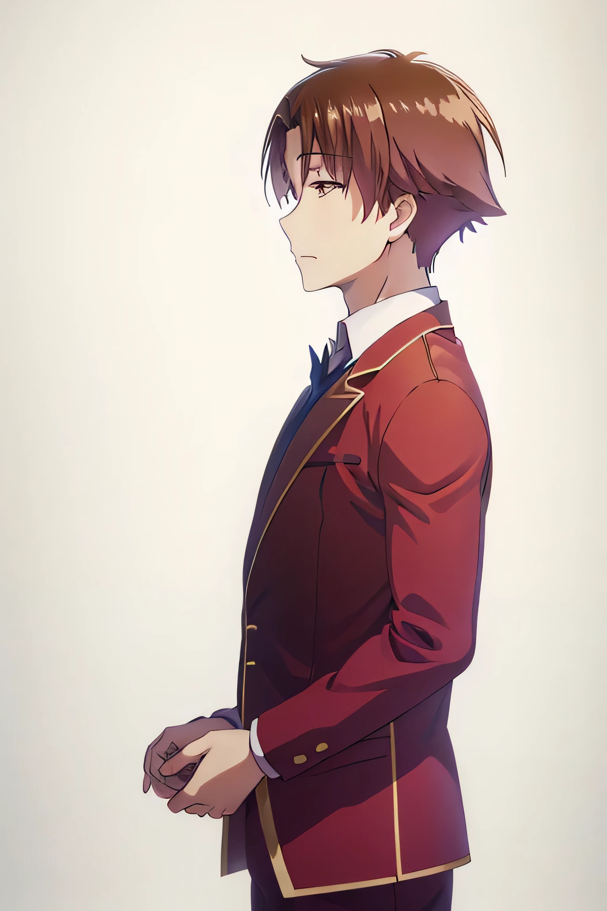 ayanokouji kiyotaka, 1 ******, Sozinho, Foco masculino, cabelo castanho, olhos castanhos, uniforme escolar, camisa branca, jaqueta vermelha, gravata azul,maos no bolso 