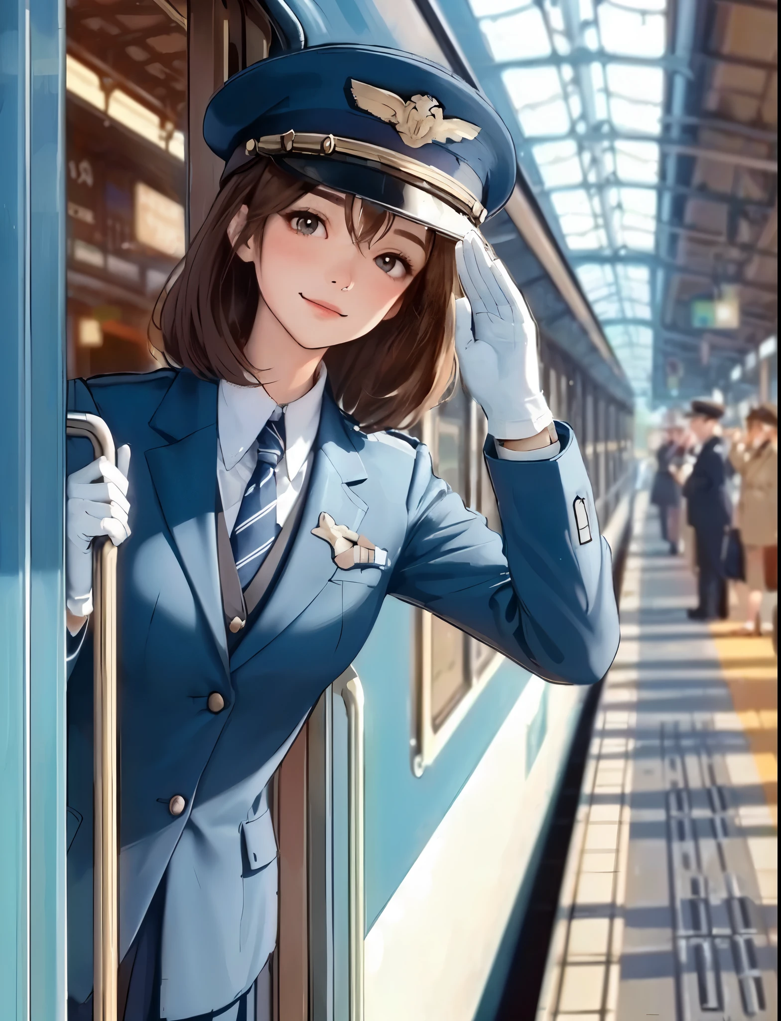 1lady solo, standing, (in train:1:1), (sticking upper body out of window:1.1), (saluting toward viewers:1.2), (conductor) (calm blue uniform) hat, mature female, /(brown hair/) bangs, blush light smile, (masterpiece best quality:1.2) delicate illustration ultra-detailed, large breasts, white glove BREAK (train station platform:1.2), (stopped train), roof, crowded, noon, detailed background