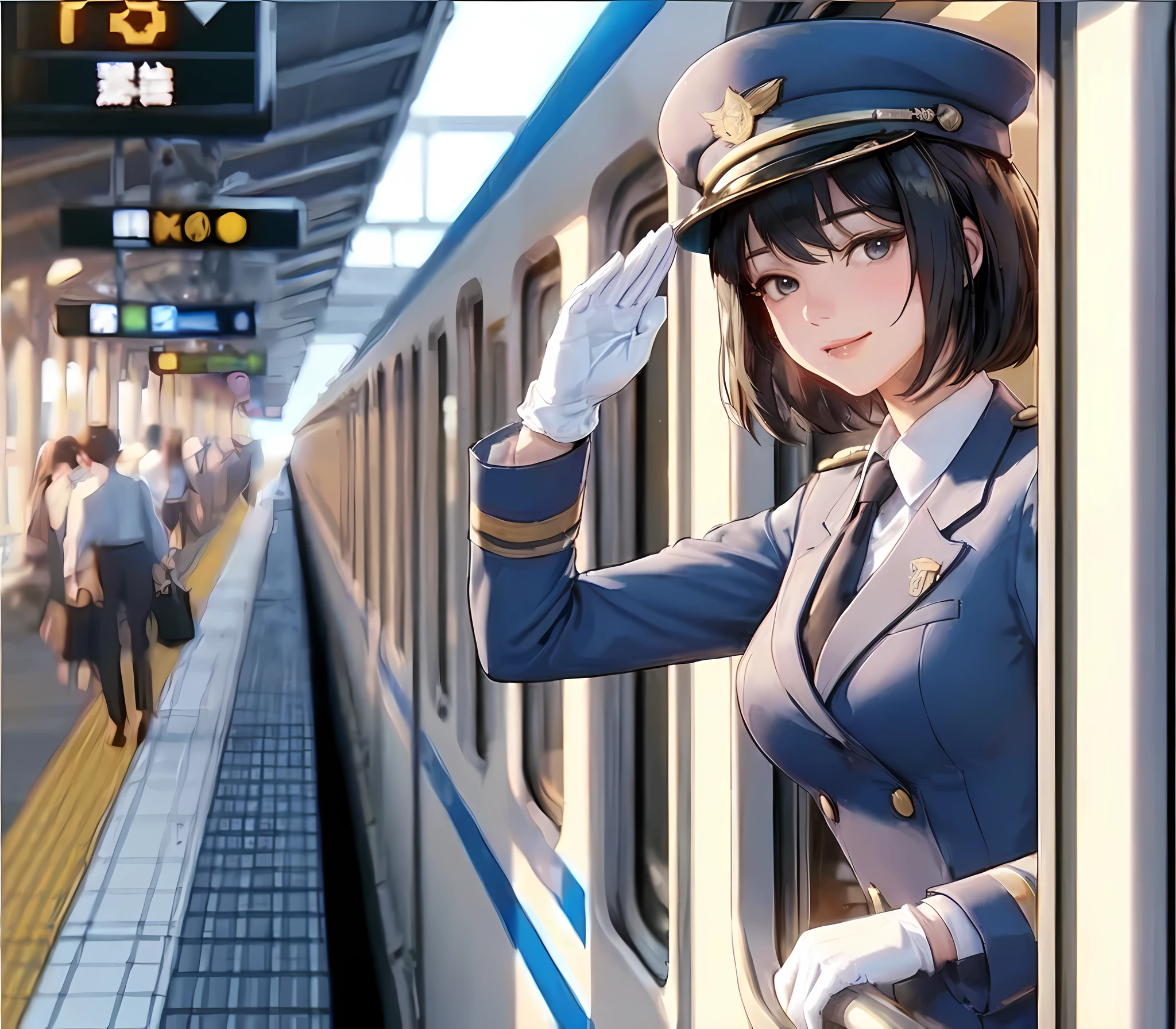 1lady solo, standing, (in train:1:1), (sticking upper body out of window:1.1), (saluting toward viewers:1.2), (conductor) (calm blue uniform) hat, mature female, /(black hair/) bangs, light smile, (masterpiece best quality:1.2) delicate illustration ultra-detailed, large breasts, white glove BREAK (train station platform:1.2), (stopped train), roof, crowded, noon, detailed background