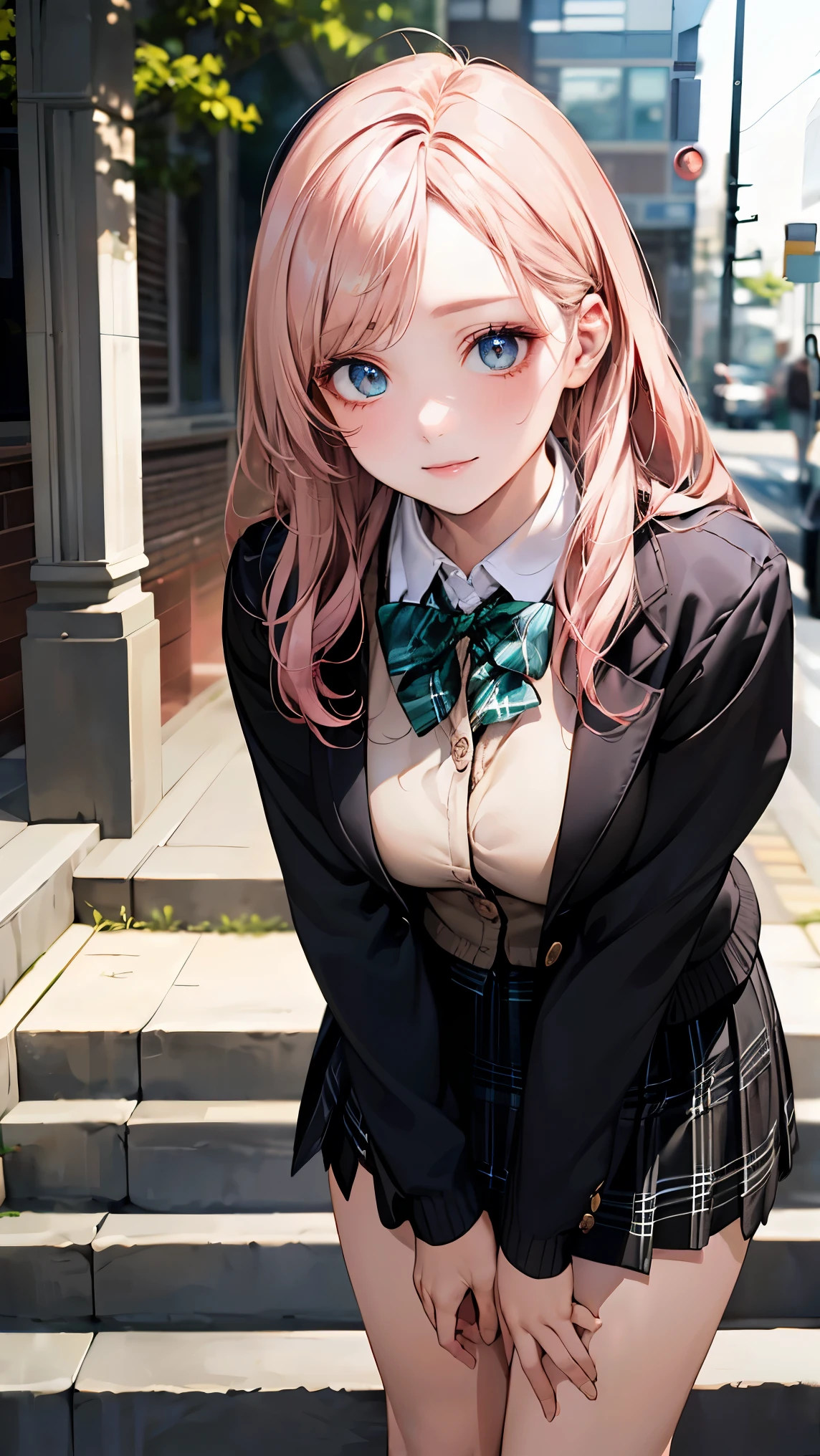 (masterpiece:1.2, highest quality), (realistic, photorealistic:1.4), beautiful illustrations, (natural side lighting, movie lighting), looking at the viewer, Upper body, (Front view), 1 girl, perfect face, Cute symmetrical face, shiny skin, baby face, long eyelashes, (large breasts), (wide hips),beautiful hair, beautiful face, fine and beautiful eyes, beautiful body, beautiful breasts, beautiful thighs, beautiful feet, beautiful fingers,(beautiful scenery),(lovely smile:1.2, upper grade), japanese, high school girl,(long hair:1.8, straight hair:1.7, light pink hair), parted bangs, emerald green eyes, long eye lasher, (thick thighs),full body seen, Dynamic Angle, Perfect body,  ((red bowtie, , Black jacket, Open jacket, Brown cardigan, White shirt, Black skirt, plaid skirts)), City staircase,(Looking up from the bottom of the stairs),Very embarrassing panic smile,turned around,(bending forward:1.4),