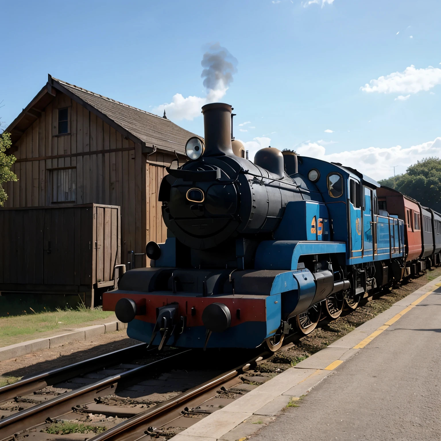 Thomas the train,locomotiva,steam engine,Thomas the tank engine,number 1,blue painted train,smile face infront of train,