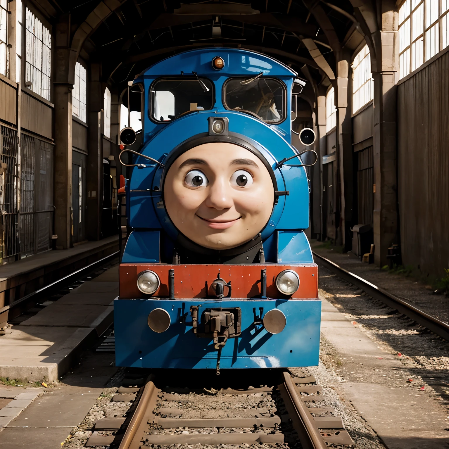 Thomas the train,locomotiva,steam engine,Thomas the tank engine,number 1,blue painted train,smile face infront of train,