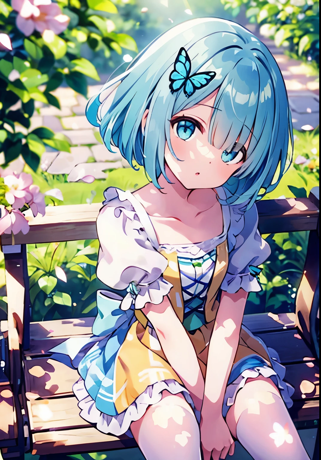 ((solo:1.2)),cute girl sitting on bench in garden,frilled dirndl,from above,looking up,cobblestone pavement,aqua hair,fine bob cut,(hair over one eye),(dappled sunlight:1.2),blurry,(depth of field:1.1),head tilt,:o,(petals),tree,butterfly