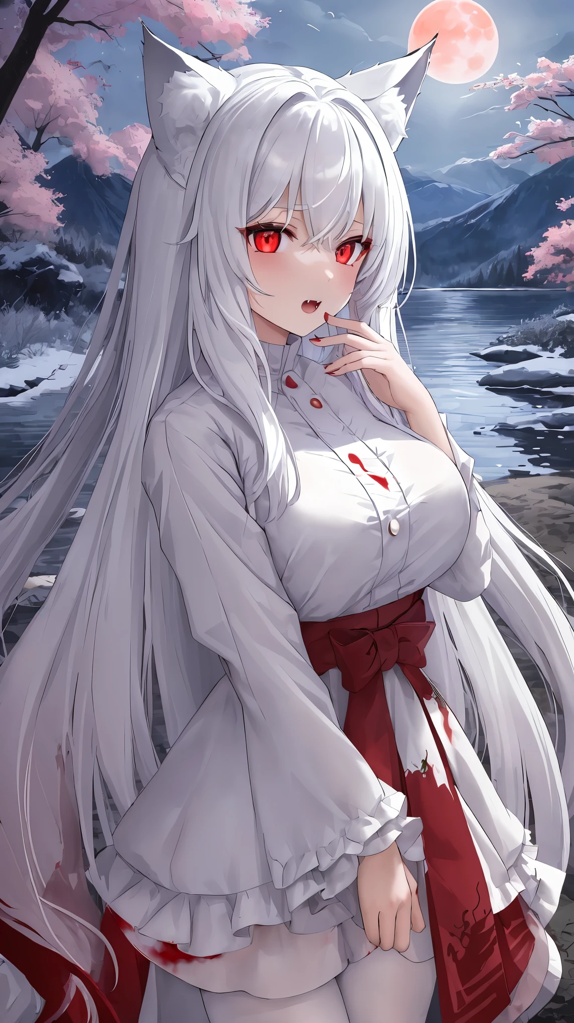 (masterpiece), best quality, expressive eyes, perfect face, details, solo, wolf girl, wolf ears, wolf tail, long hair, white hair, red eyes, glowing eyes, sharp fangs, growl, blood, white clothes, outside, jungle, lake, mountain, cherry blossom, night, moon, moonlight, bloodmoon