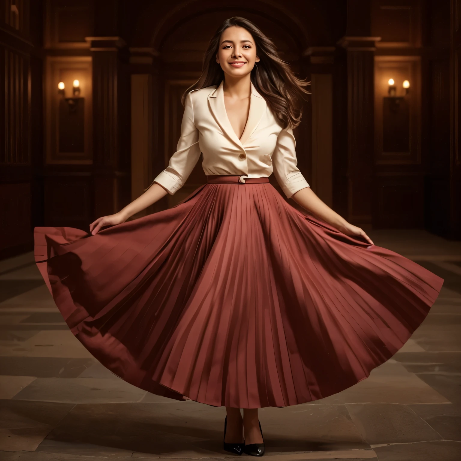 A smiling, authentic, (shy:1,3), kind, beautiful woman, is passionately in love with her skirt, sitting down on the gound while wind lifts her skirt, wearing short blazer and very very detailed (long (fully pleated) full circle skirt) and (low heeled court shoes), very very intricate hyper-detailed symmetric (attractive graceful young feminine face) with (sad, tired eyes and a loving smile), large breasts, full of empathy and compassion and love, (pronounced (feminine) features), (highly detailed ultra accurate realistic) hands and fingers, (windy), epic composition, highly detailed attributes, (35mm f1.4 Kodak portra 400 photograph), extremely high quality RAW photograph, highly detailed atmosphere, sci-fi, cinematic shot, dynamic lighting, 75mm, Technicolor, Panavision, cinemascope, sharp focus, fine details, 8k, HDR, realism, realistic, key visual, film still, superb cinematic color grading, depth of field