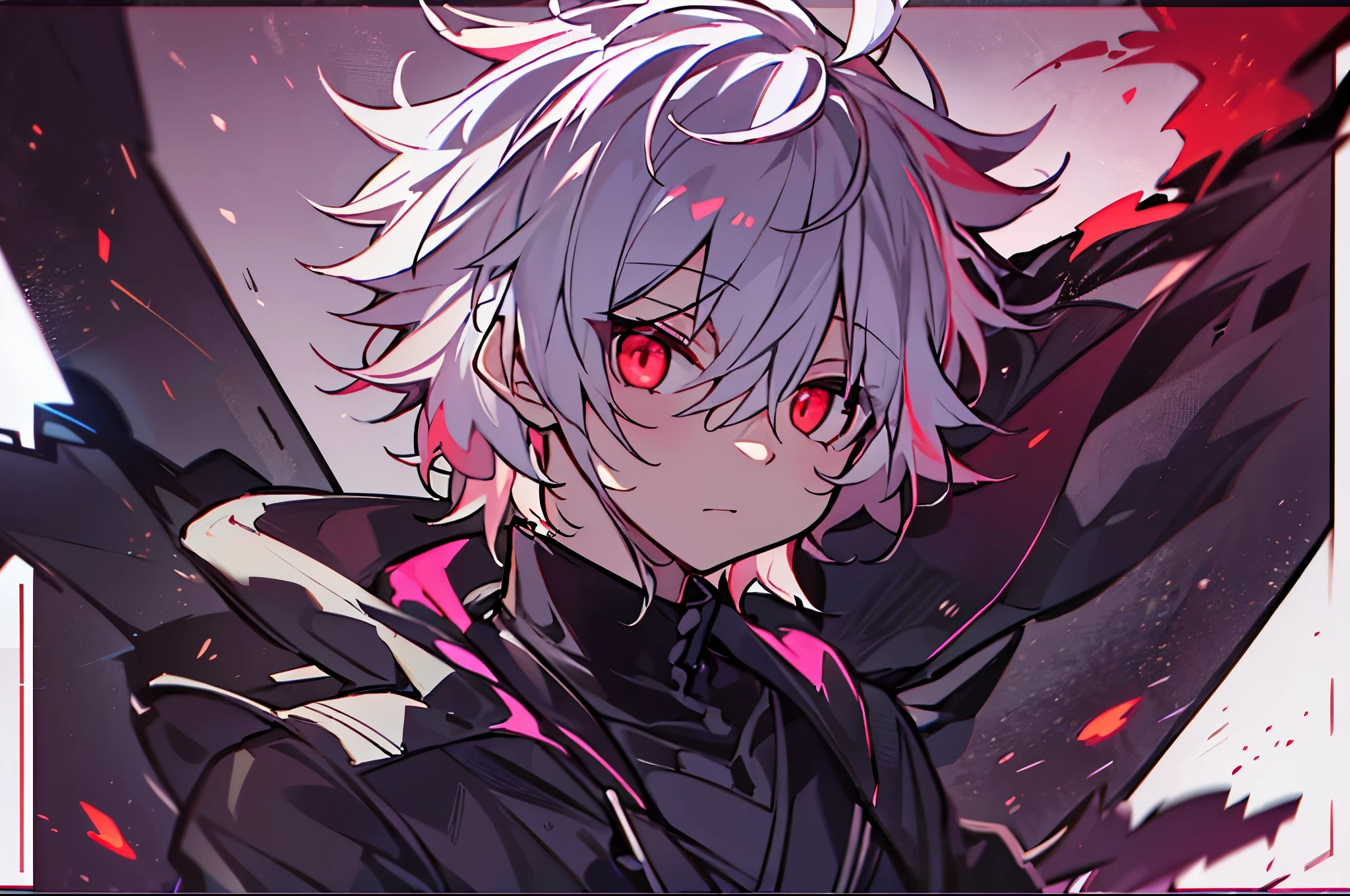 High resolution、to close range、one boy、(alone)、Anime boy with white hair and red eyes stares at camera、glowing red eyes、slim、wearing black clothes、shadow body、colorful background、messy hair、diagonal angle