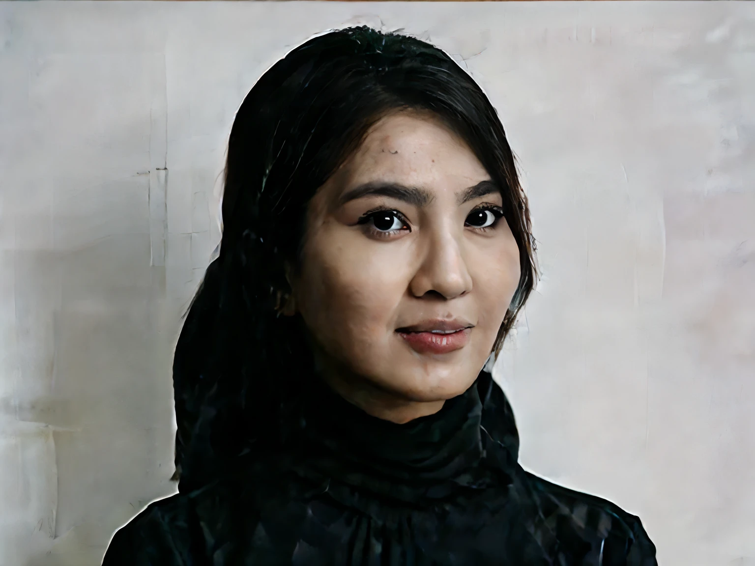 A photo of a young Indonesian woman aged 40 years, ideal body, black hijab, white shirt and black jacket, black tie, face facing forward on a red background. realistic photos, photography.