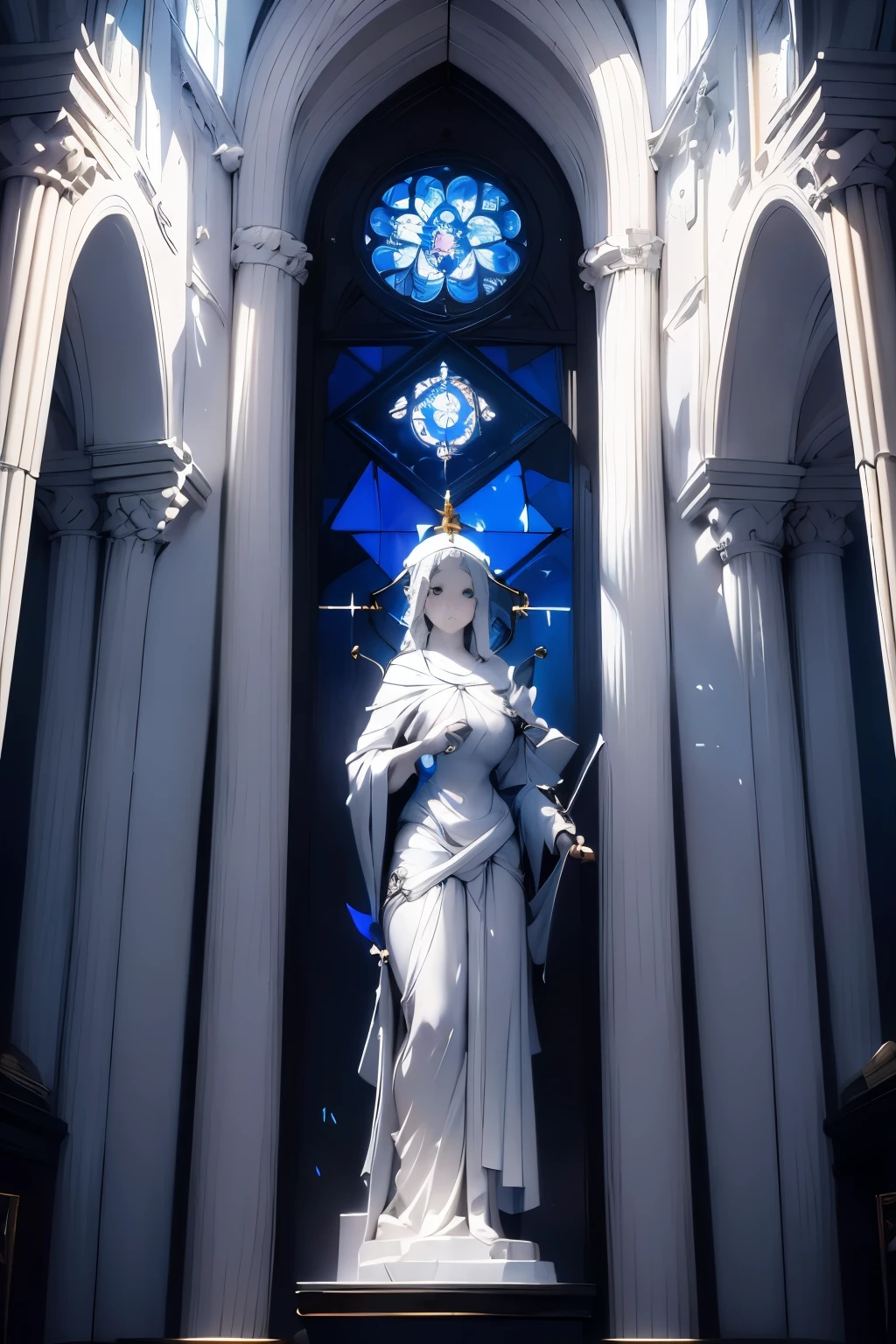 church, dark room, blue stained glass, masterpiece, very delicate, very detailed, Artistic, Sculptural works, white saint statue, high contrast, highest quality, best image quality