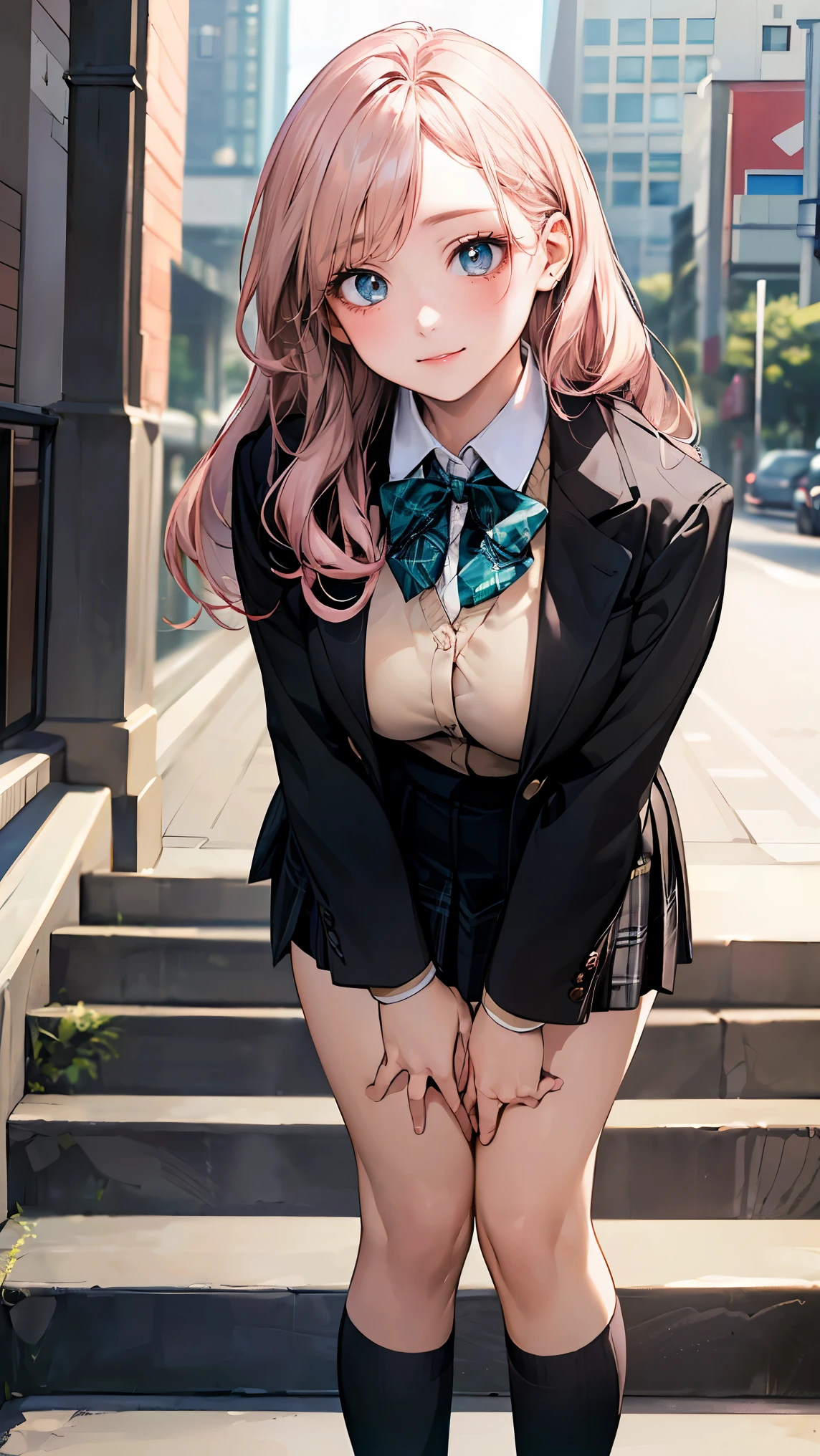 (masterpiece:1.2, highest quality), (realistic, photorealistic:1.4), beautiful illustrations, (natural side lighting, movie lighting), looking at the viewer, Upper body, (Front view), 1 girl, perfect face, Cute symmetrical face, shiny skin, , long eyelashes, (large breasts), (wide hips),beautiful hair, beautiful face, fine and beautiful eyes, beautiful body, beautiful breasts, beautiful thighs, beautiful feet, beautiful fingers,(beautiful scenery),(lovely smile:1.2, upper grade), japanese, high school girl,(long hair:1.8, straight hair:1.7, light pink hair), parted bangs, emerald green eyes, long eye lasher, (thick thighs),full body seen, Dynamic Angle, Perfect body, ((red bowtie, School uniform, Black jacket, Open jacket, Brown cardigan, White shirt, Black skirt, plaid skirts)), City staircase,(Looking up from the bottom of the stairs),Very embarrassing panic smile,turned around,(bending forward:1.5),