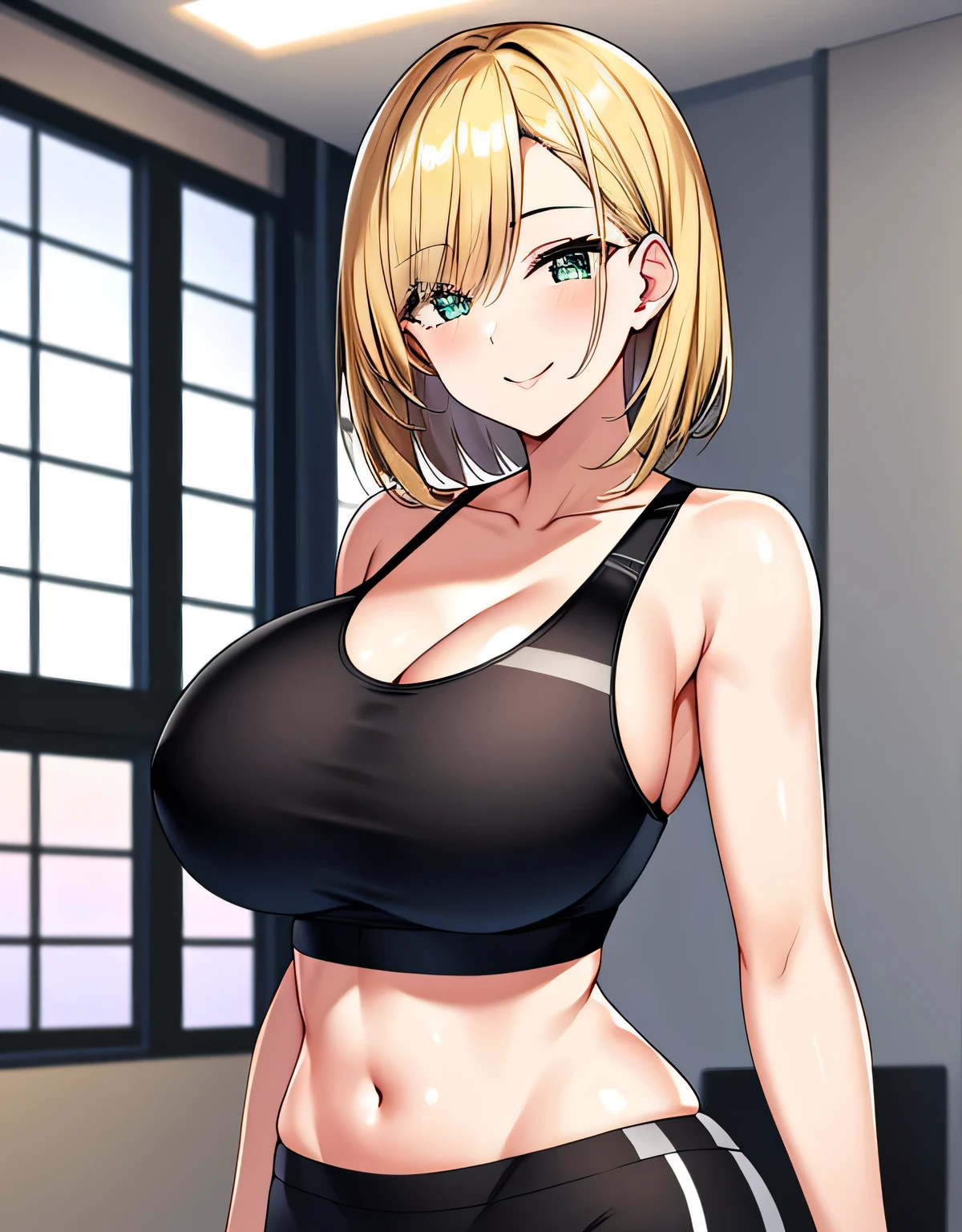 indoor,gym,wide hips,yoga pants,play sports often,(sensitive smile:1.2),(big breasts:1.5),shiny,hair,((alone)),((masterpiece)),((highest quality)),perfect anatomy,slim waist,perfect image,8k UHD,(detailed and beautiful eyes:1.3),highly detailed face,Are standing,(Upper body:1.1),(look ahead:1.1),back arm,super detailed,disorganized,High resolution,blonde hair,medium hair,sexy milf,28 years old,