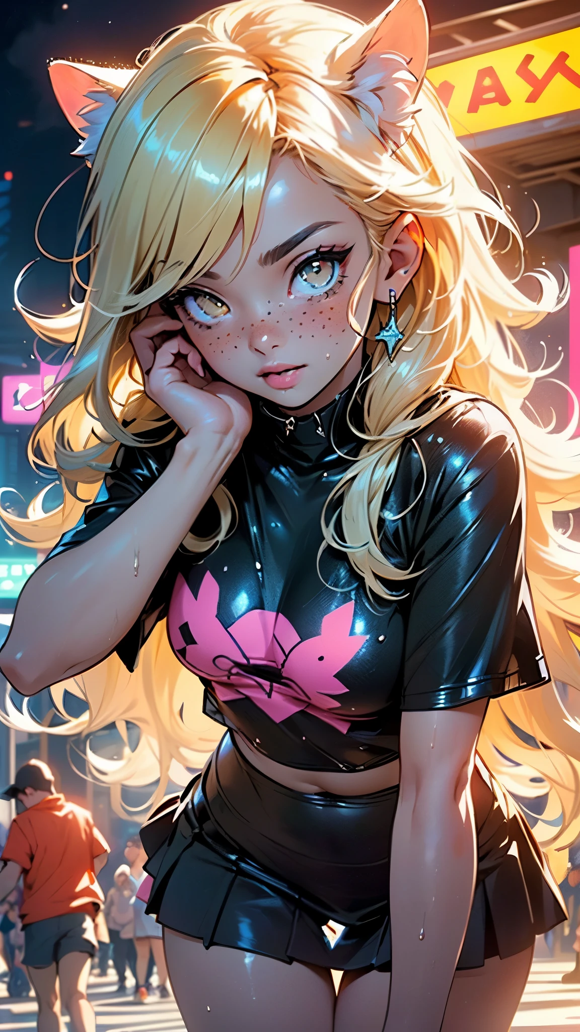 cute little cat ,(((little ,small tiny body,, chibi))),(((6 years old))),((little cat  with extremely cute and beautiful blonde hair)),(((cat girl,anthro furry cute,cat-girl))),(((cat ears,cat ears on head,big cat ears))),

(((flat chest))),(((blonde hair:1.35,messy blonde hair,colored inner hair,ear breathing,))),((heterochromia:1.5, (orange_eye and yellow_eye))),intricate eyes,beautiful detailed eyes,symmetrical eyes,big eyes:1.5,(((freckles on the face,freckles,freckled girl))),(((lustrous skin:1.5,bright skin: 1.5,skin tanned,shiny skin,very shiny skin,shiny body,plastic glitter skin,exaggerated shiny skin,illuminated skin,wet legs))),(detailed body,(detailed face)),

cute,slutty,erotic,(((nsfw))),

zettai ryouiki,revealing clothing,show skin,((rave shirt,neon shirt,rave mini-skirt,visible thong straps)),((underpants strap)),(wearing a rave outfit:1.3,rave clothes,semi-naked,with little clothing),((wet clothes,intricate outfit,intricate clothes)),

(dynamic pose:1.0),embarrassed,(centered,scale to fit dimensions,Rule of thirds),

cyberpunk city by the ocean at night, with bright neon signs and dark stormy clouds and puddles, scenery:1.25,nighttime, starry night, cosmos,Very dark night that makes the neon lights stand out, very bright neon lights,nighttime, starry night, cosmos,

artistic photography,(photography taken by sldr),highres, sharp focus, (ultra detailed, extremely detailed), (photorealistic artwork:1.37),(extremely detailed CG unity 8k wallpaper),((synthwave background theme)),(((vibrant colors))),(intricate background),(masterpiece),(best quality)
