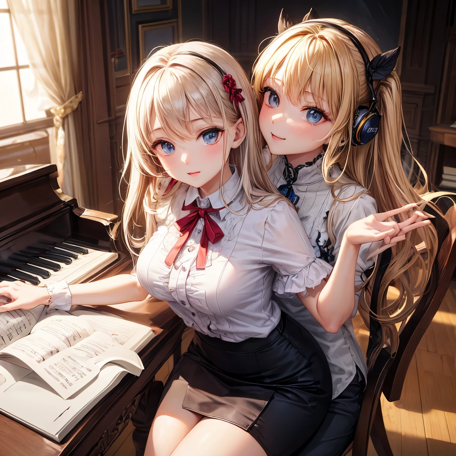 masterpiece、((focus on the face))、((symmetrical facial features))、Eyes of meticulous depiction、Beautiful woman、outstanding style、slender body、in front of the piano、A modest 25-year-old woman is sitting on a chair。(Wearing a white blouse and pencil skirt)、Her appearance gives a sophisticated impression。Your fingertips dance gracefully across the keyboard、Her performance creates a beautiful melody。She quietly surrenders her heart to the music、The audience is captivated by her graceful appearance and the sound of her music.、Shooting at high angles、Biologically correct limbs、correct hand drawing
