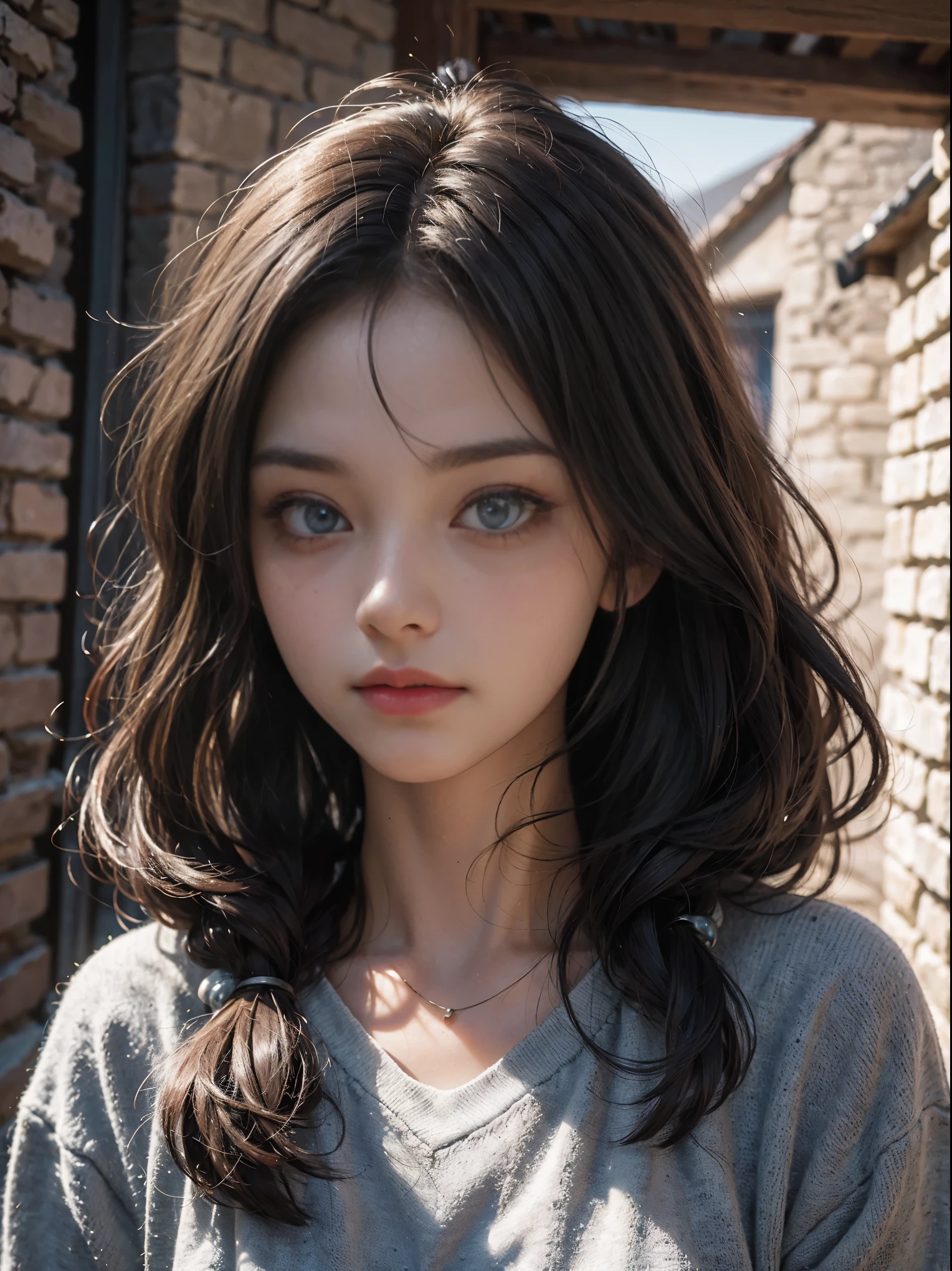 8k, ultra high resolution, best quality, masterpiece, surreal, photo, 1 girl, (: 1.3), pretty girl, cute face, nice details: 1.5), ((shining eyes)) in the basement,stone wall, cobblestone,