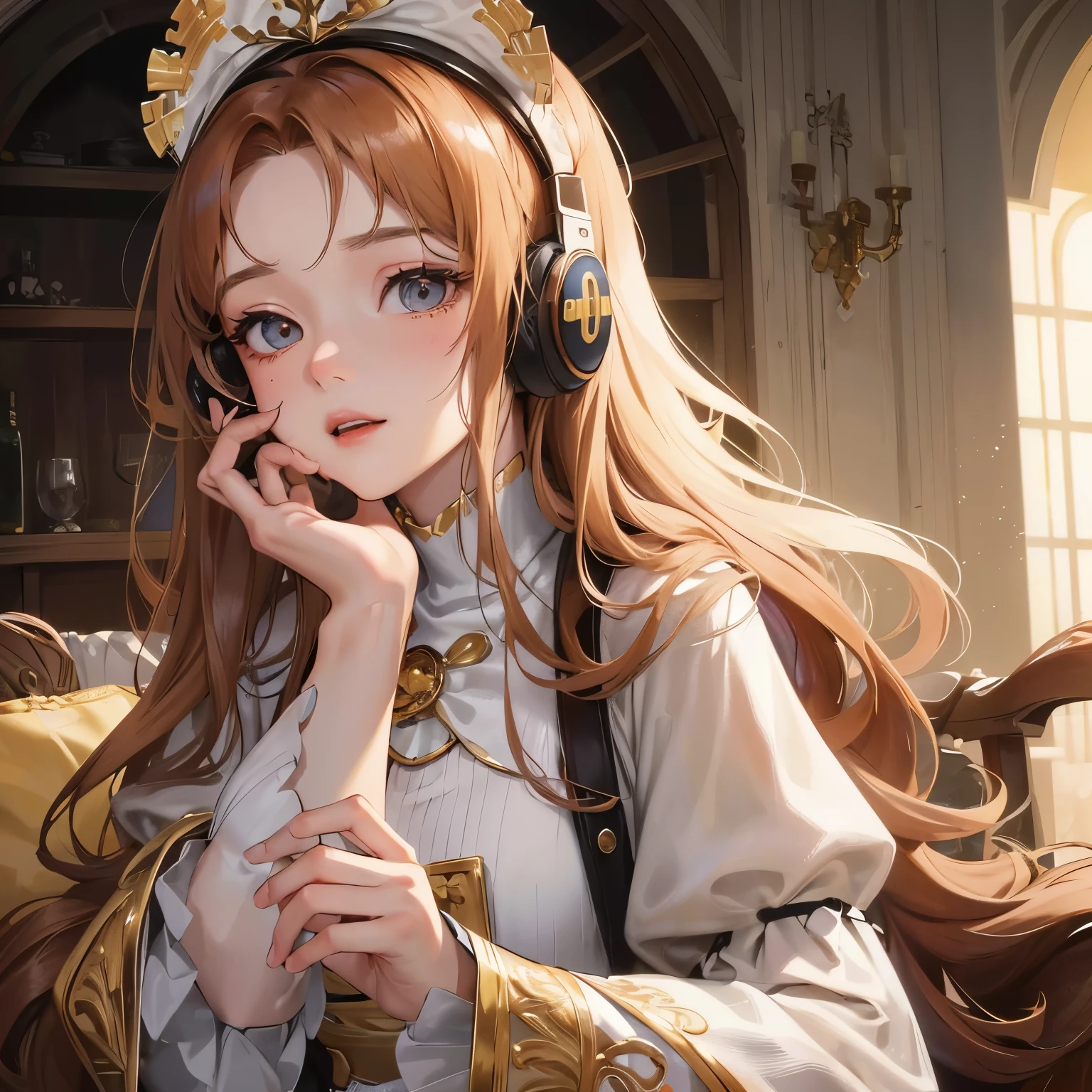 In the realm of semi-realistic anime style, a young girl with long wavy chestnut hair and a round head adorns the scene. Her pale white skin stands in stark contrast to her cinnamon-toned, eloquent eyes. She wears a large, loose-fitting garment as she sits comfortably, engrossed in her activities on the computer. A pair of headphones covering her ears adds to her focused demeanor. The atmosphere is set to reveal an intricately detailed, hyper-realistic portrait.

Her expressive face, brimming with character, displays a myriad of textures—from the smoothness of her complexion to the precise lines