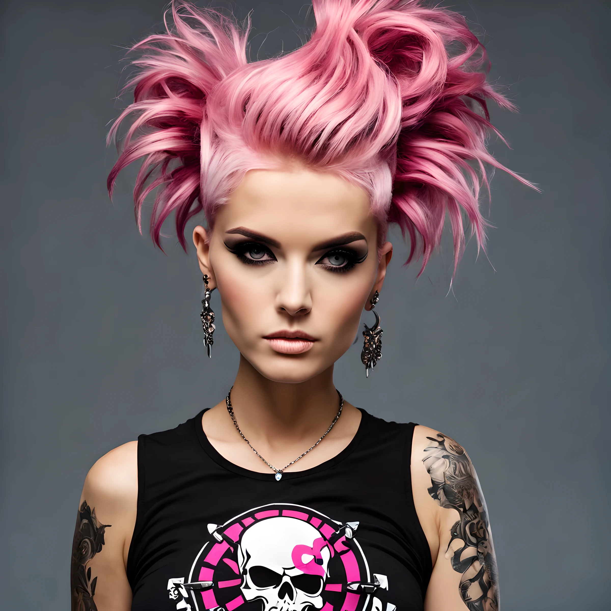 photograph of a beautiful punk woman, "WoW" t-shirt logo with skull design, pink hair, nerdy,