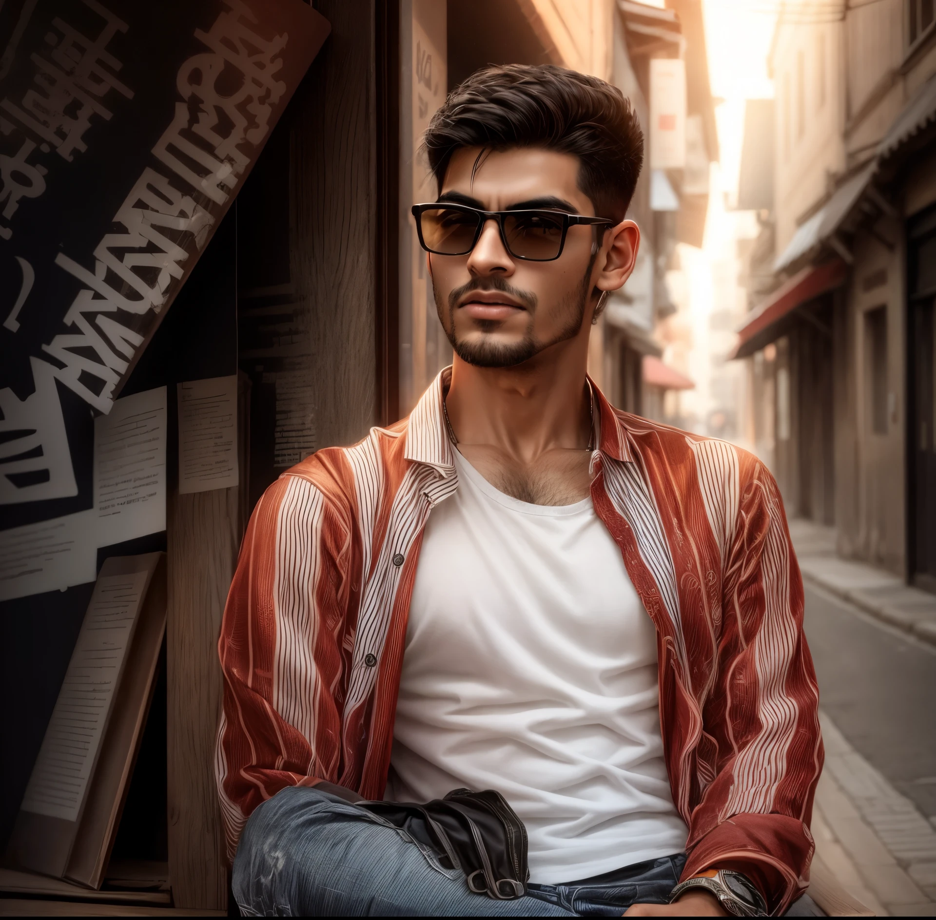 "Transform the background with an amazing aesthetic flame effect, adding a dynamic and captivating visual element to the candid photo of a man sitting on a bench, hands in pockets, in the style of Mohamed Chahin, Ayan Nag, Riyadh Cassiem, Nivanh Chanthara, and Khyzyl Saleem. Perfect for a Facebook profile picture, featuring accurate facial details, taken in sunny weather with a cool and casual pose."