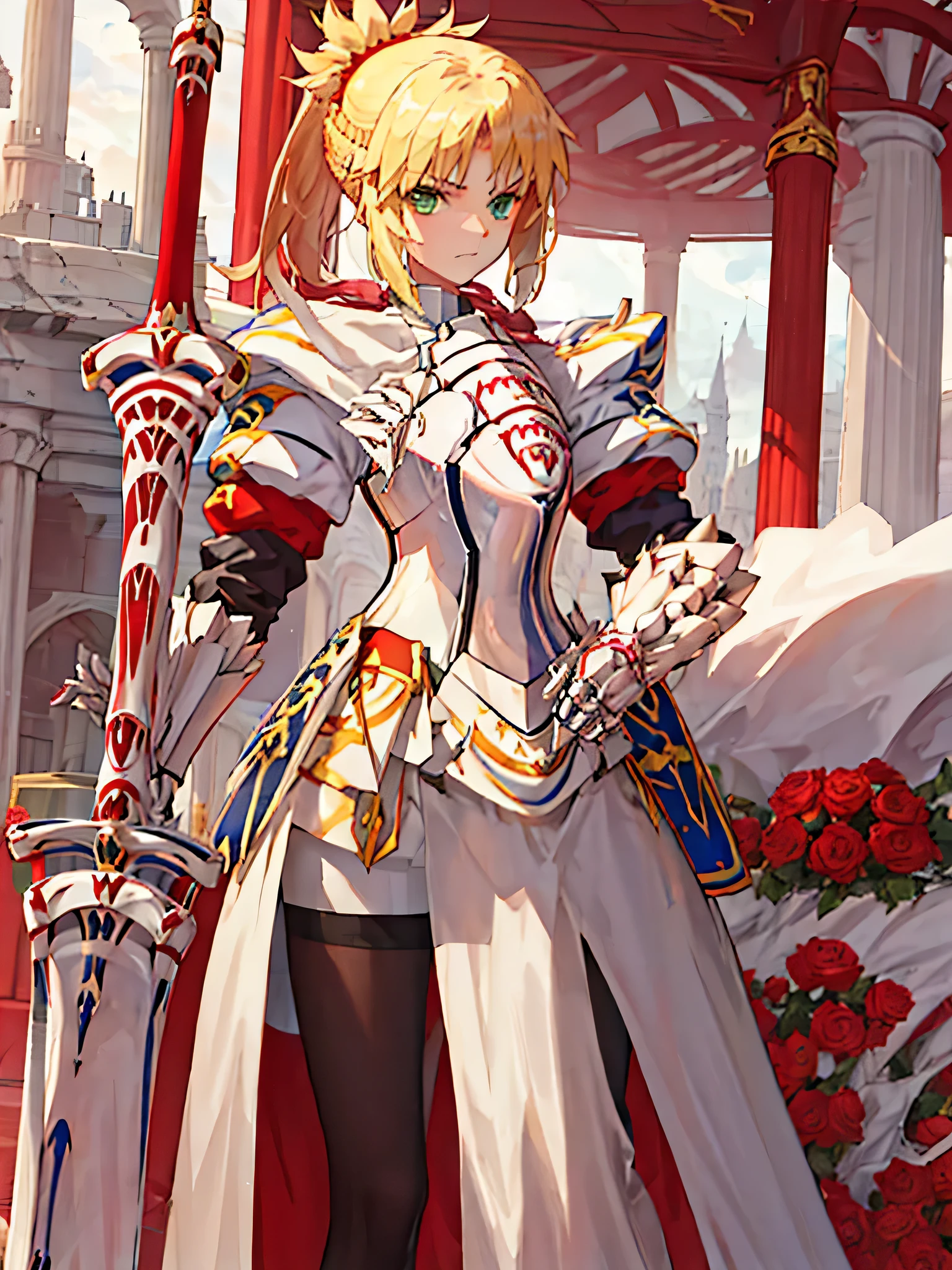 ((1girl)), (((saber))),saber of red, mordred, fate, wearing armour, holding sword, claymore weapon, red lightning effect, blonde hair, high res, ultrasharp, 8k, masterpiece, looking at viewer