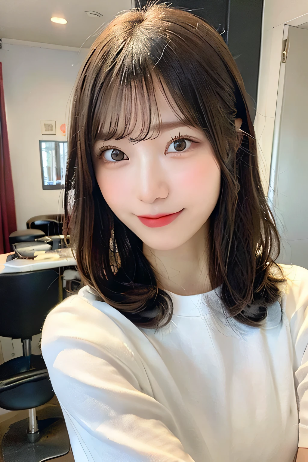 ((best image quality, 8k, masterpiece:1.3)), 1 girl, Beautiful woman with slender abs:1.3, (casual hairstyles, :1.2), white shirt，Extra-fine face, detailed eye, double eyelid，With a smile。Let&#39;s take a photo with a cute pose，numbers are very bad，small waist，big breasts，close，close chest, bob cut