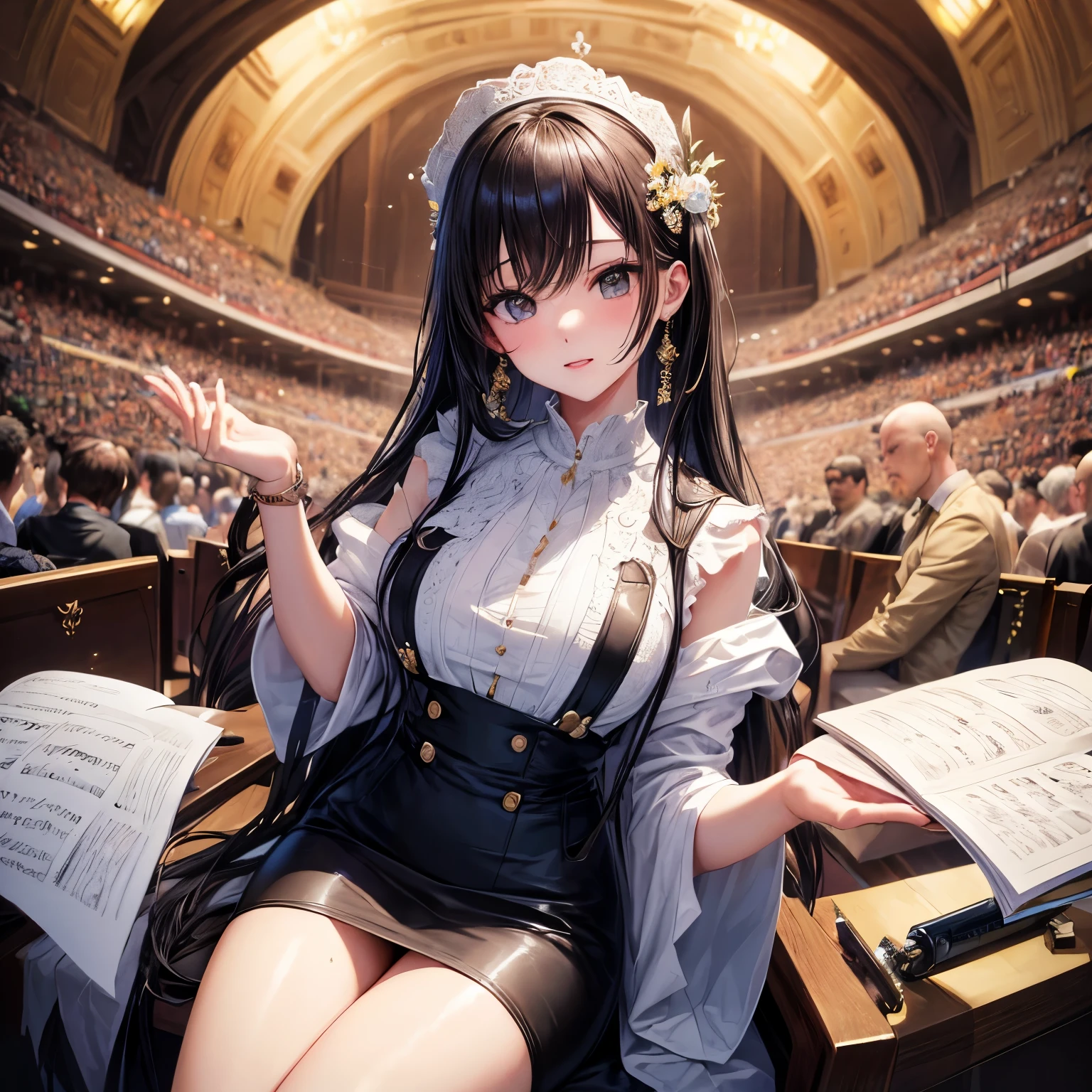 masterpiece、((focus on the face))、((symmetrical facial features))、Eyes of meticulous depiction、Beautiful woman、outstanding style、slender body、in front of the piano、A modest 25-year-old woman is sitting on a chair。(Wearing a white blouse and pencil skirt)、Her appearance gives a sophisticated impression。Your fingertips dance gracefully across the keyboard、Her performance creates a beautiful melody。She quietly surrenders her heart to the music、The audience is captivated by her graceful appearance and the sound of her music.、Shooting at high angles、biologically correct appearance、correct hand drawing