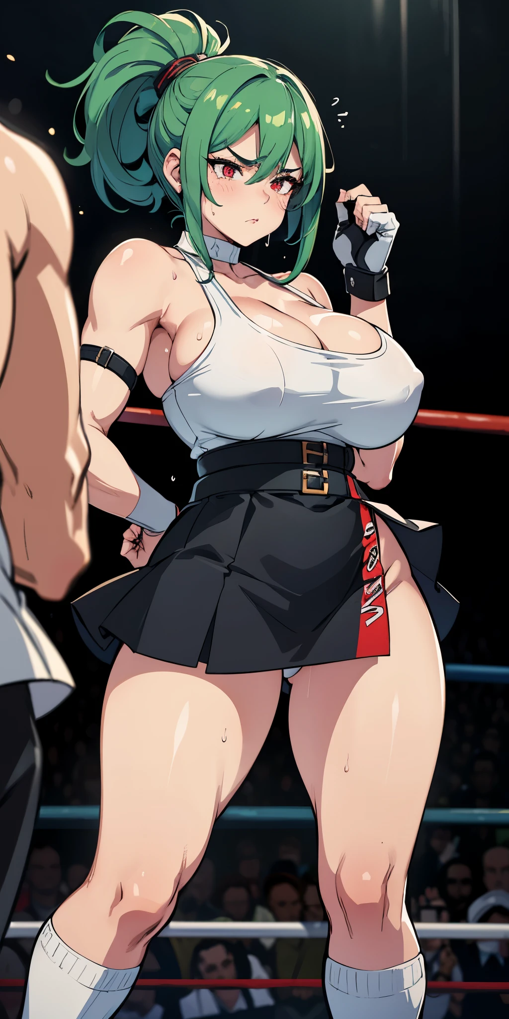In the heat of battle, two fierce women face off in a boxing ring. Female 1's long green hair flows behind her as she locks eyes with her opponent. Her red eyes burn with determination, matching the intensity of her black bra, black miniskirt, white socks, and black shoes. Her black boxing gloves are raised, ready to strike, showcasing her big, firm breasts, slim waist, and thick thighs. Her angry face is a mask of focus and power, highlighted by a sheen of sweat that glistens on her skin.
Across from her, Female 2 stands defiantly, her short blue hair framing her face. Her black eyes glare back at her adversary, mirroring the white bra, white miniskirt, black socks, and white shoes she wears. Her white boxing gloves are poised for action, emphasizing her own voluptuous figure with big, enticing breasts, a slim waist, and thick, muscular thighs. Like Female 1, her expression is one of fierce determination, and her body is also slick with sweat, evidence of the intense battle unfolding between these two formidable opponents.