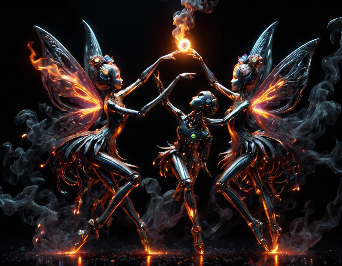 High Resolution, High Quality, Masterpiece. Fairies dancing, holding hands created using fire sparkle art technique, against an all-black background, neon ambiance, abstract black oil texture, gear mecha elements, acrylic detail, grunge aesthetics, intricate complexity, rendered in Unreal Engine, photorealistic., detailed acrylic textures.intricate detailing enhancing hyperrealistic forms, sharp focus, emitting diodes, smoke intertwined with artillery sparks