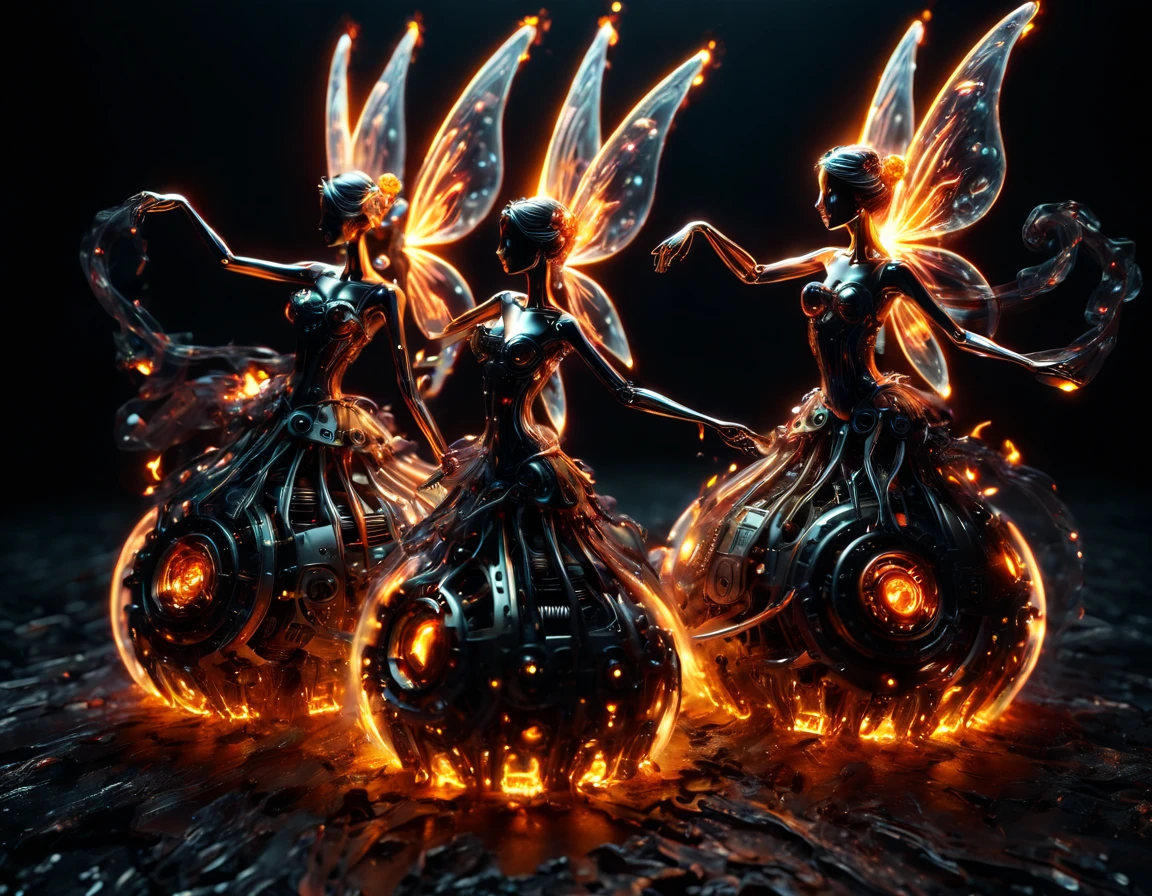 High Resolution, High Quality, Masterpiece. Fairies dancing, holding hands created using fire sparkle art technique, against an all-black background, neon ambiance, abstract black oil texture, gear mecha elements, acrylic detail, grunge aesthetics, intricate complexity, rendered in Unreal Engine, photorealistic., detailed acrylic textures.intricate detailing enhancing hyperrealistic forms, sharp focus, emitting diodes, smoke intertwined with artillery sparks