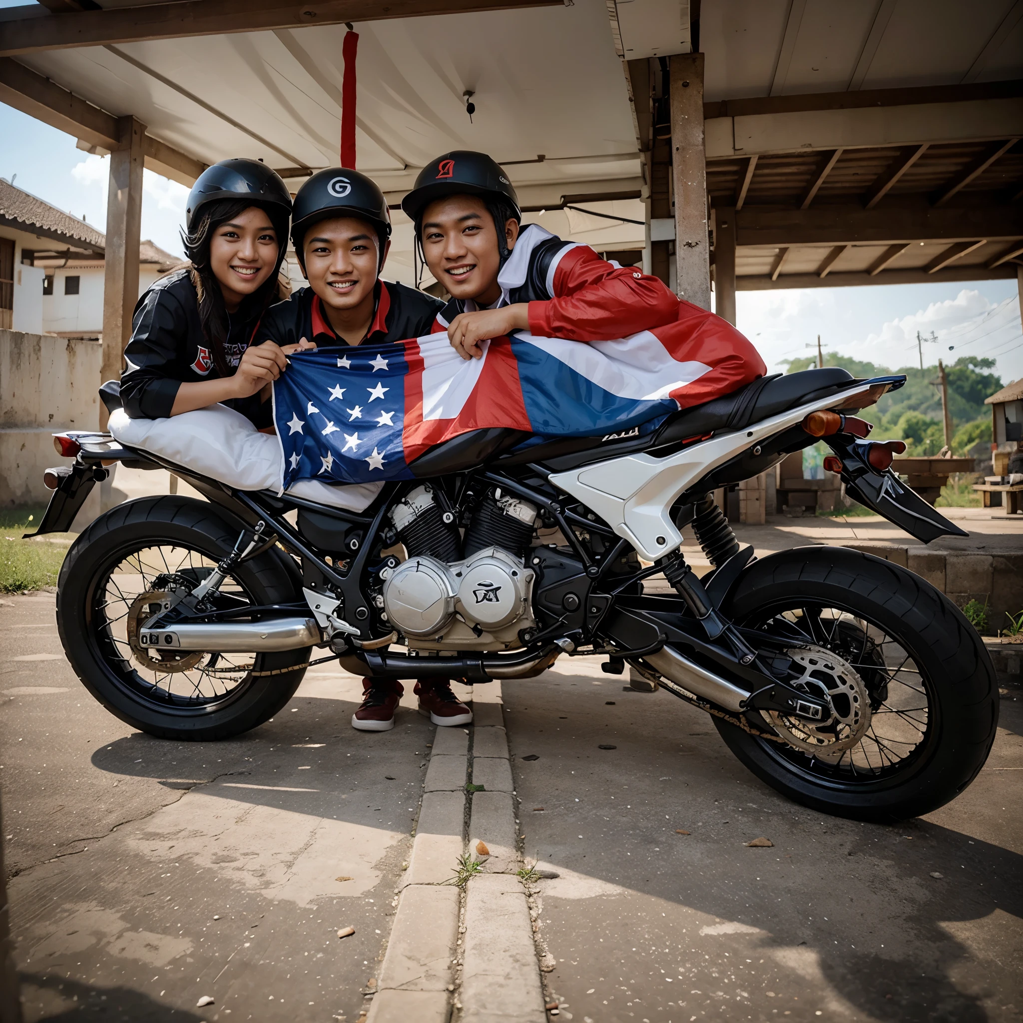 Geng motor yang memegang bendera yang bertulis squid Yassie