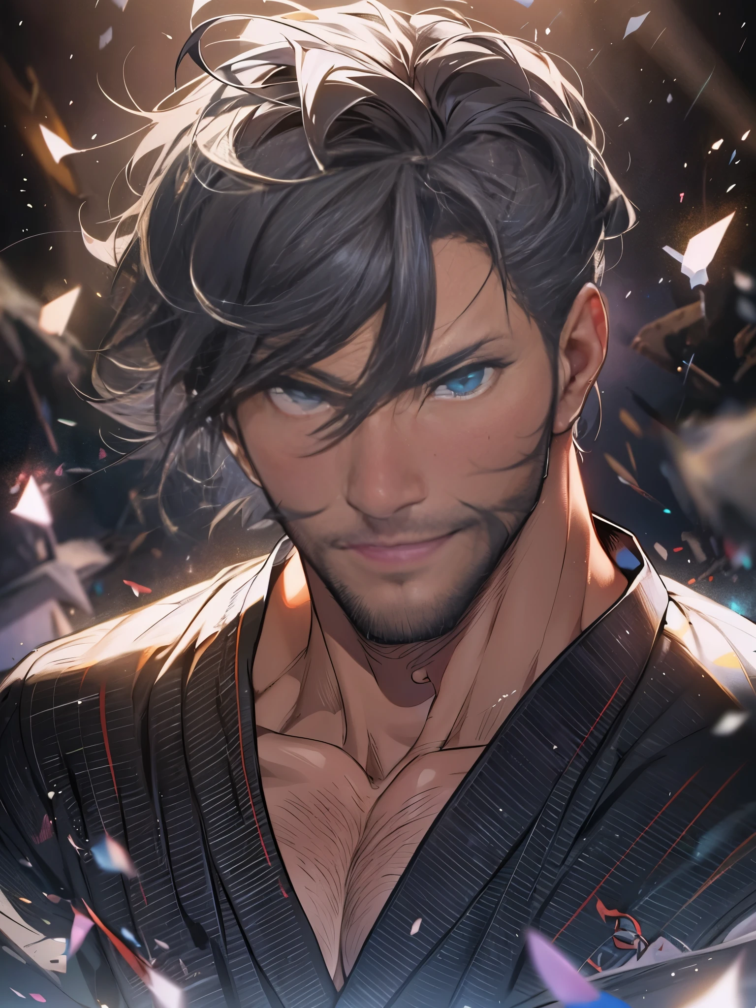 sexy mature daddy, tanned skin, big bump, darker skin, stubble, muscle发达的, best quality, masterpiece, ultra high resolution, Detailed background, realism, illustration, single, 1 boy, Torii, muscle, Volumetric lighting, depth of field, beard, flow, White clothes, black belt, light particles, huge bulge, starry sky, martial artist, flow汗, short black hair, perfect eyes, barefoot,chuckle