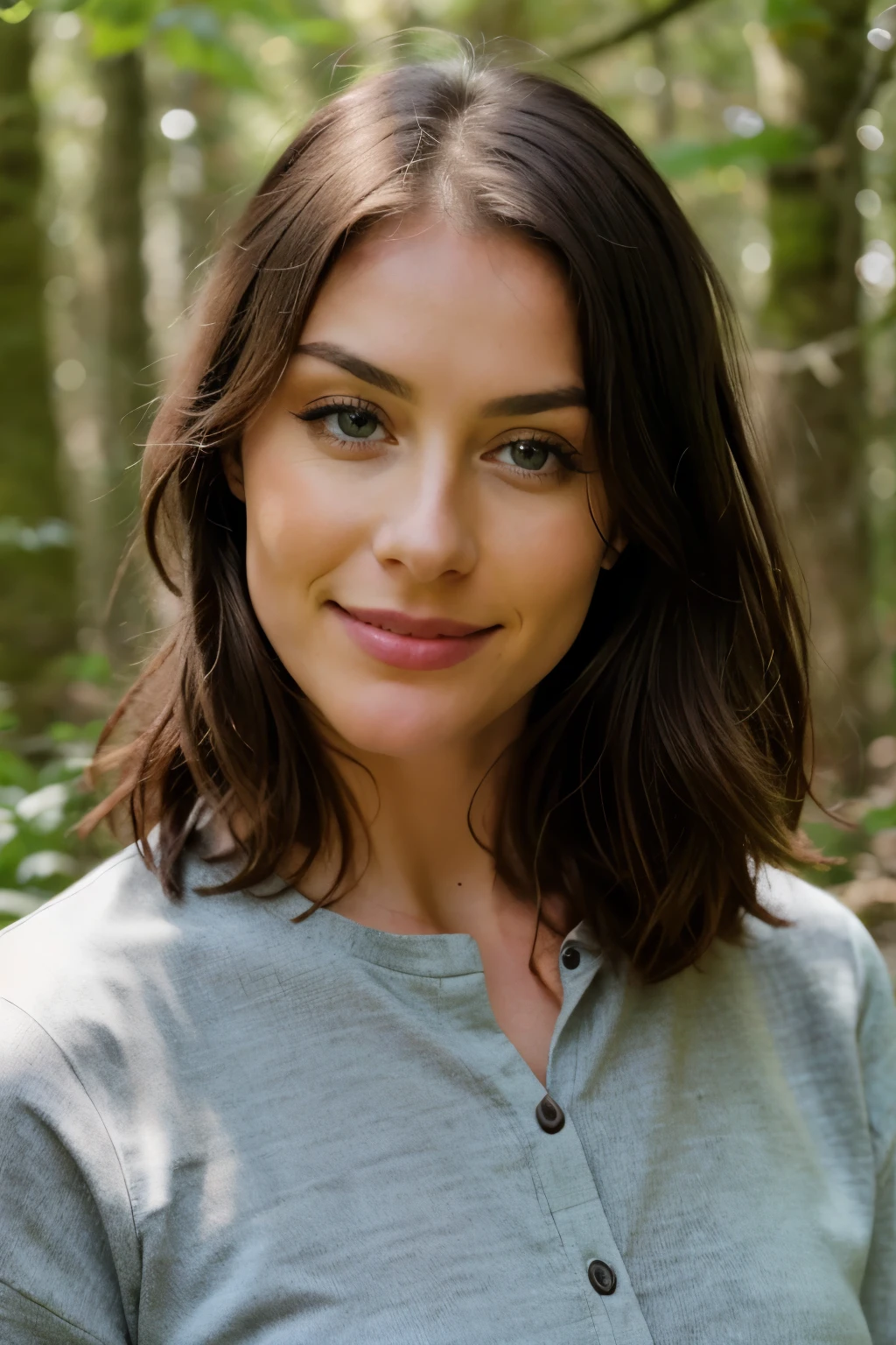 Real 30-year-old girl with a casual outfit in a forest, very detailed, 30 Jahre alt, natural face, lockiges Haar braun, braune Augen, High Resolution, Meisterwerk, best quality, intricate details, sehr detailliert, nette Blickpunkt, ausgereifte Haut, realistische Hauttextur, Textur, ausdrucksvolle Augen, professionell, 4k, authentischer Smile, aufgenommen mit Canon, 50 mm, schmaler Tiefenfeld, Kodak Vision-Farbe, perfekt passt sich