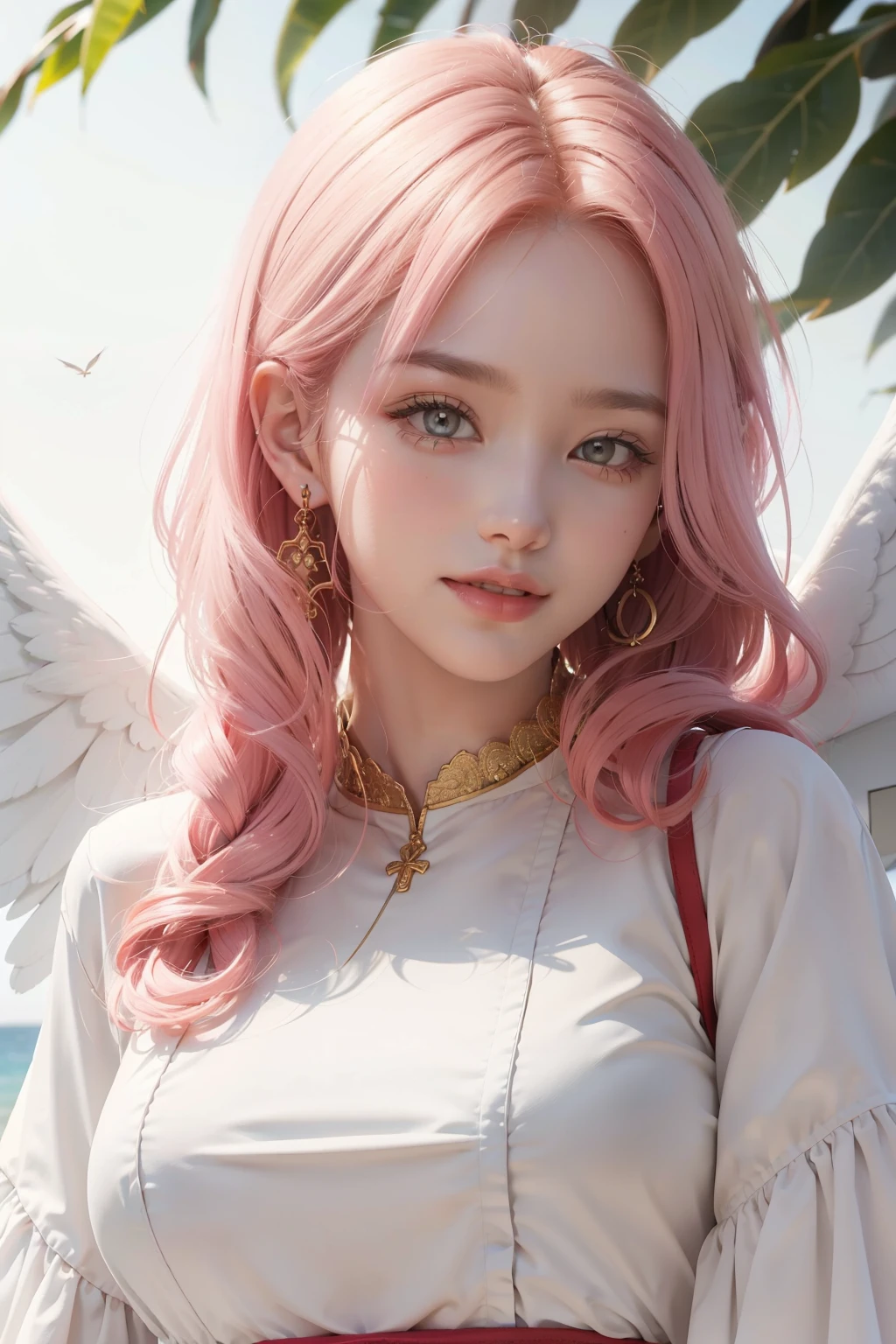 ((highest quality)), ((masterpiece)), (be familiar with), perfect face、２０old angel、looking at the camera、Upper body、pink hair、long curly hair、beautiful、beautiful、cute、smile、wearing white clothes、wings are growing、both wings、fantasy、